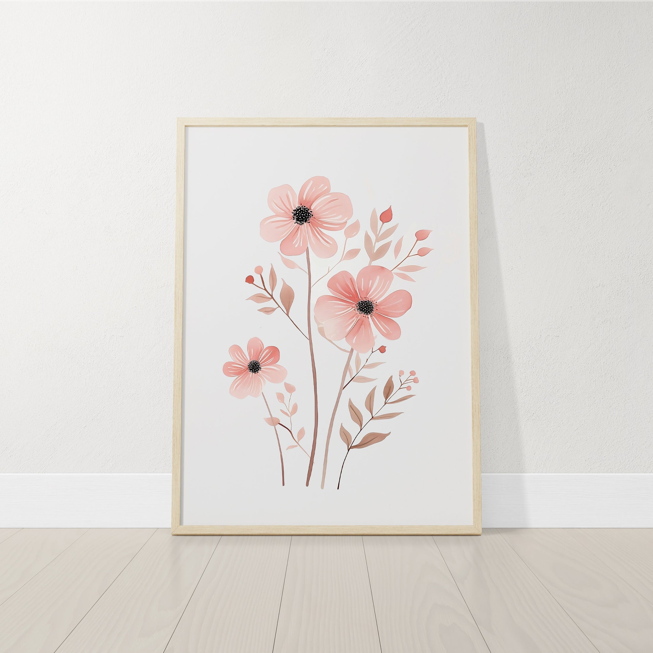 a picture of pink flowers on a white wall