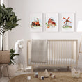 Load image into Gallery viewer, a baby's room with a crib, rocking horse, and three paintings

