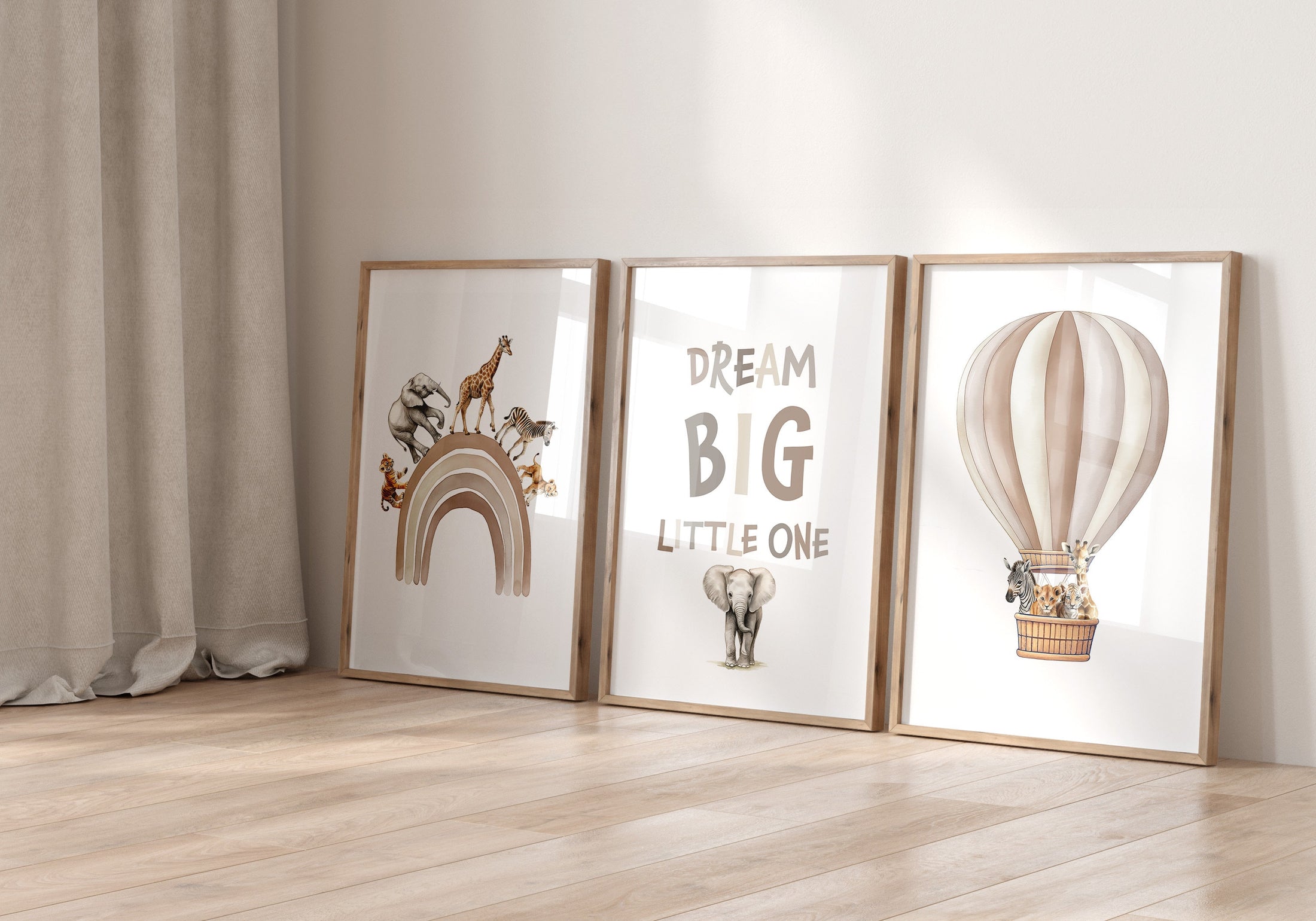 Safari Animal Set of 3 Prints for Nursery, Rainbow Wall Art for Baby Bedroom, Beige Nursery Decor, Hot Air Balloon, Dream Big Little One