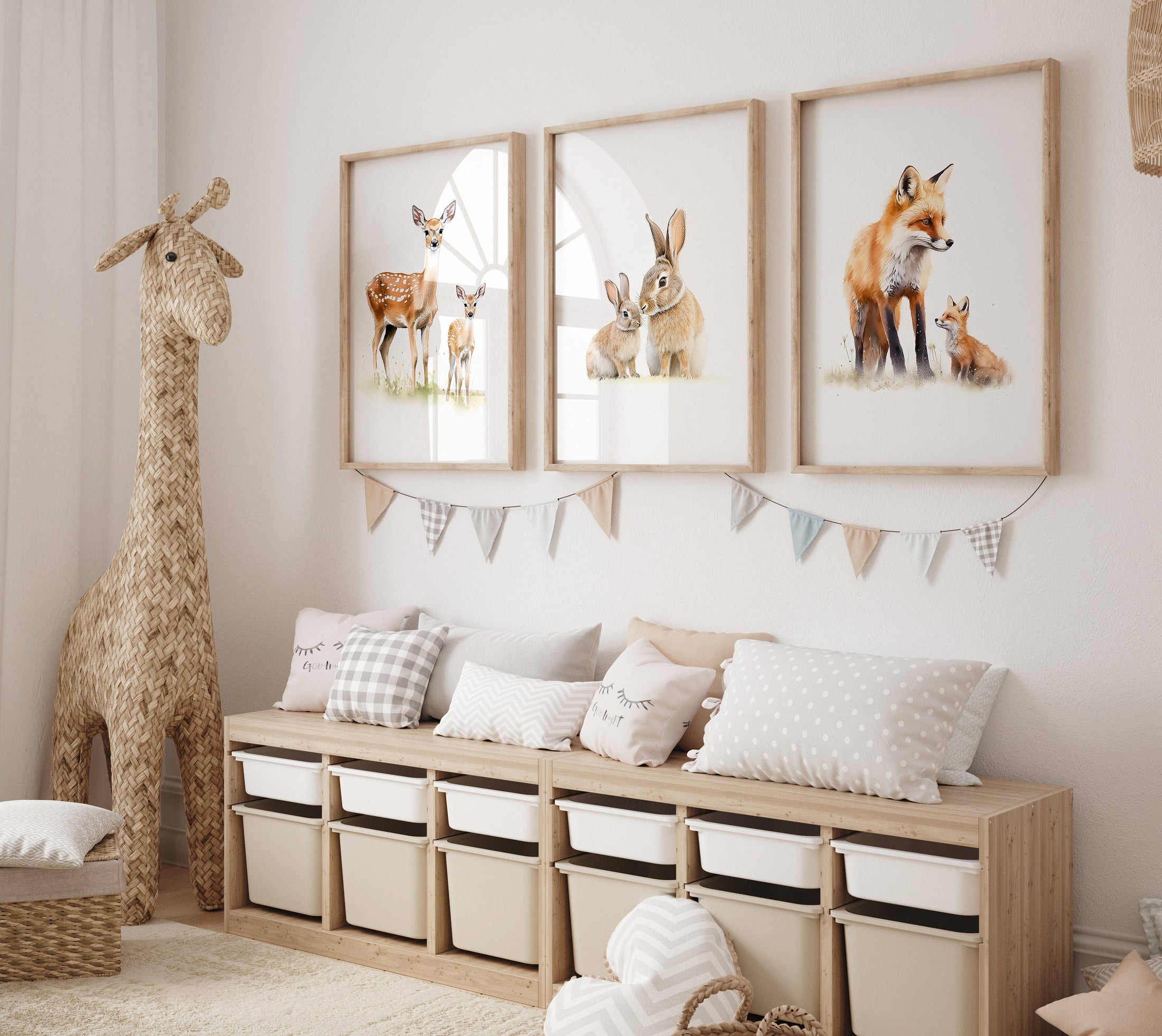 Woodland Animal Nursery Wall Prints, Set of 3 Forest Animal Pictures for Babies Bedroom, Neutral Nursery Animal Wall Art, Toddler Playroom