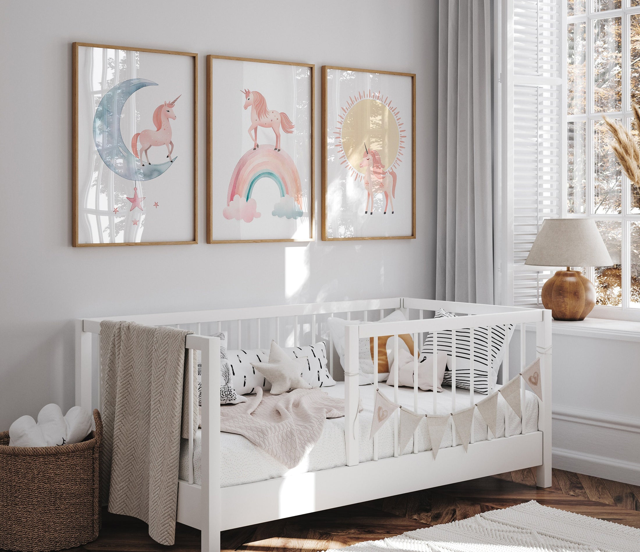 Set of 3 Pink Boho Unicorn Girls Nursery Prints, Rainbow, Sun and Moon Wall Art Prints, Pink Girls Bedroom Decor, Girls Playroom Posters