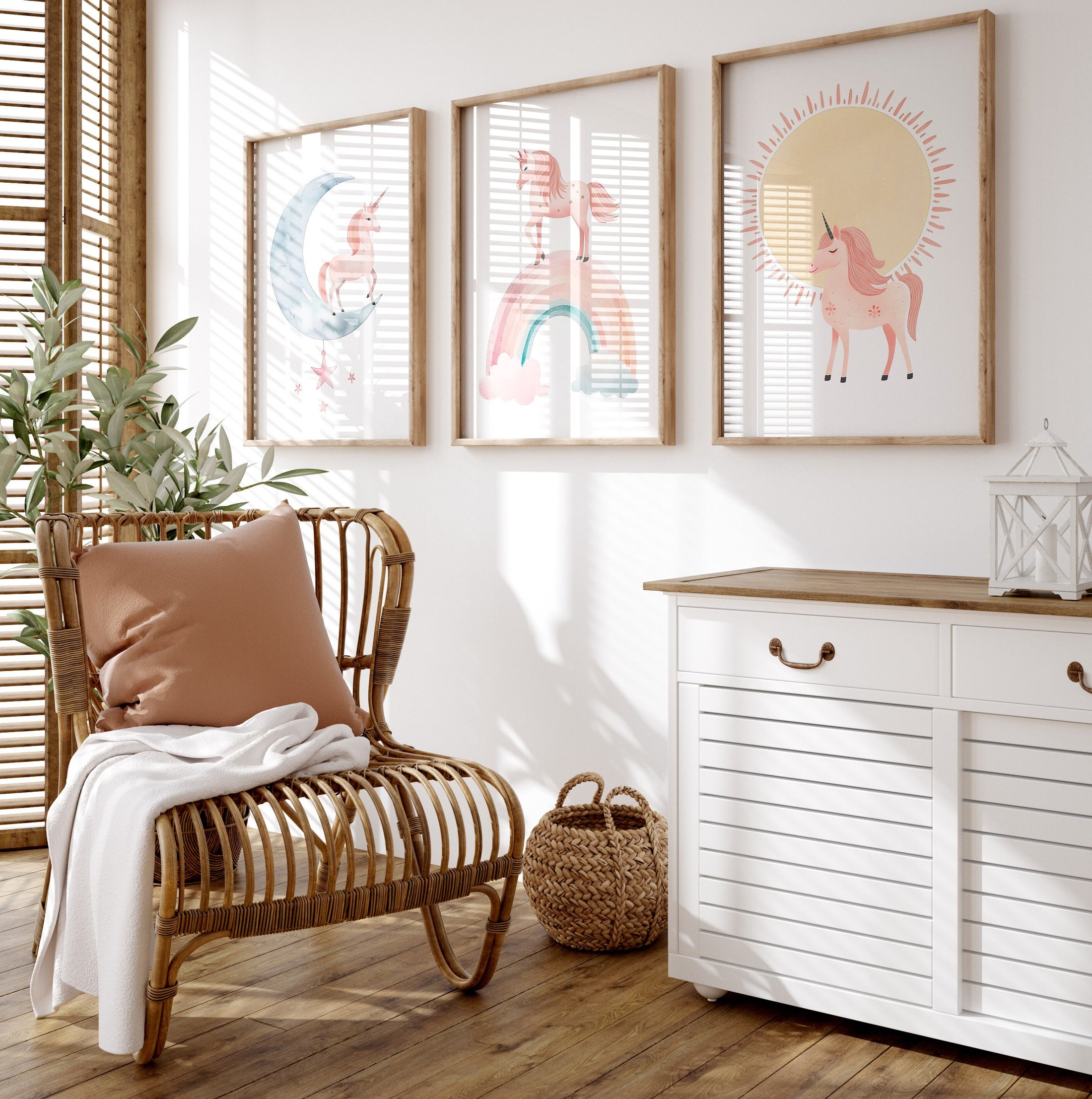 Set of 3 Pink Boho Unicorn Girls Nursery Prints, Rainbow, Sun and Moon Wall Art Prints, Pink Girls Bedroom Decor, Girls Playroom Posters
