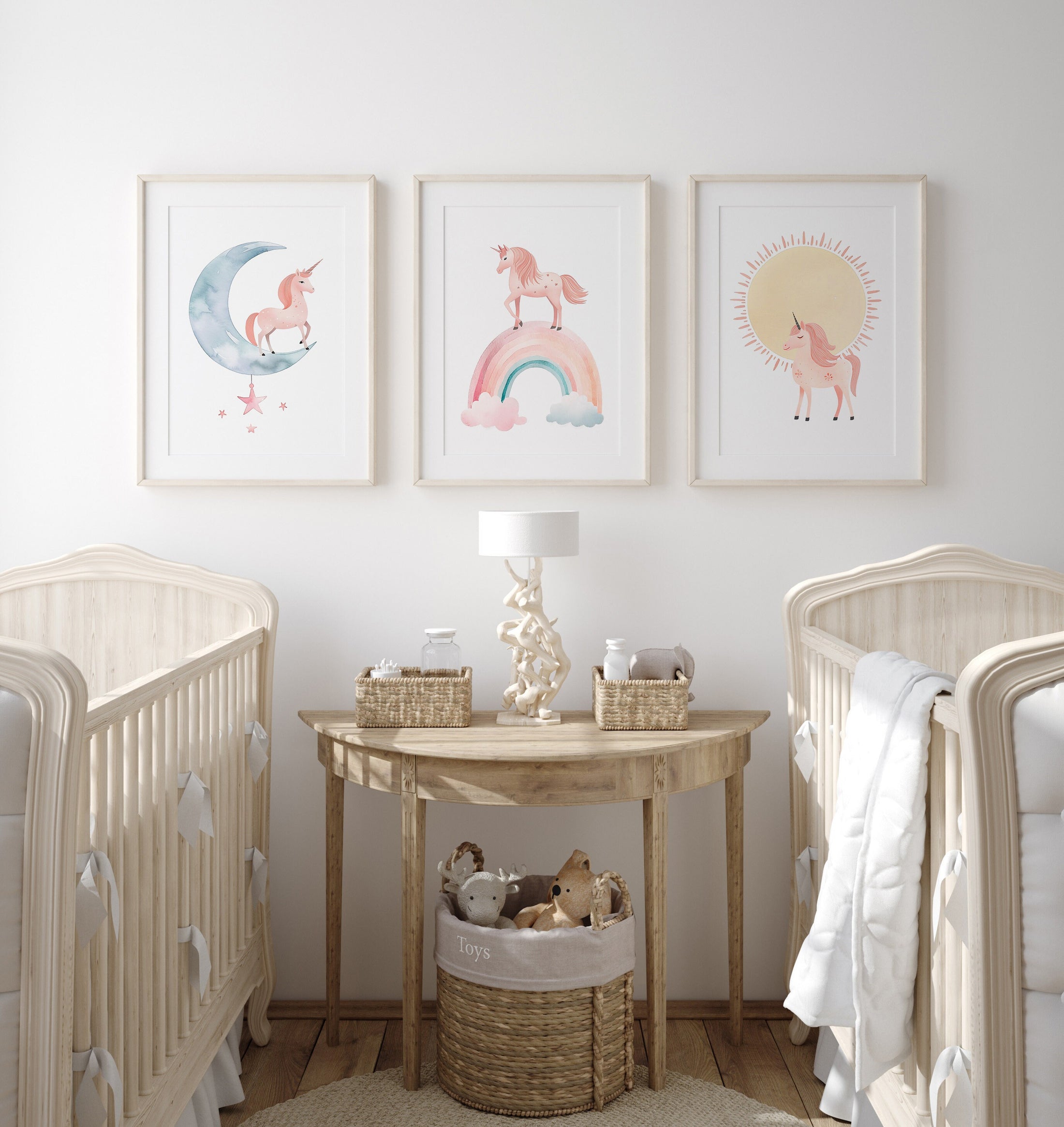 Set of 3 Pink Boho Unicorn Girls Nursery Prints, Rainbow, Sun and Moon Wall Art Prints, Pink Girls Bedroom Decor, Girls Playroom Posters