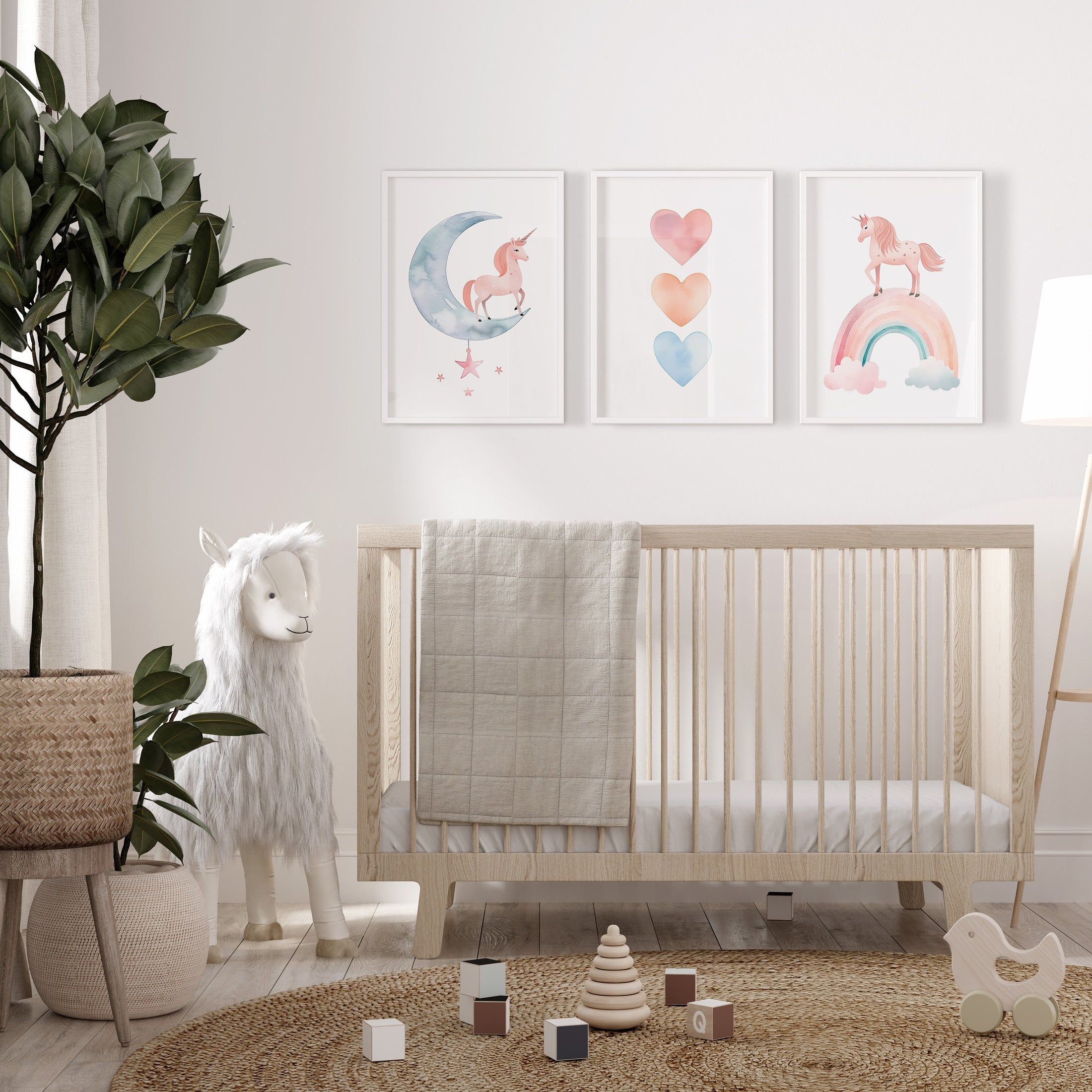 a baby&#39;s room with a crib, rocking horse and a potted