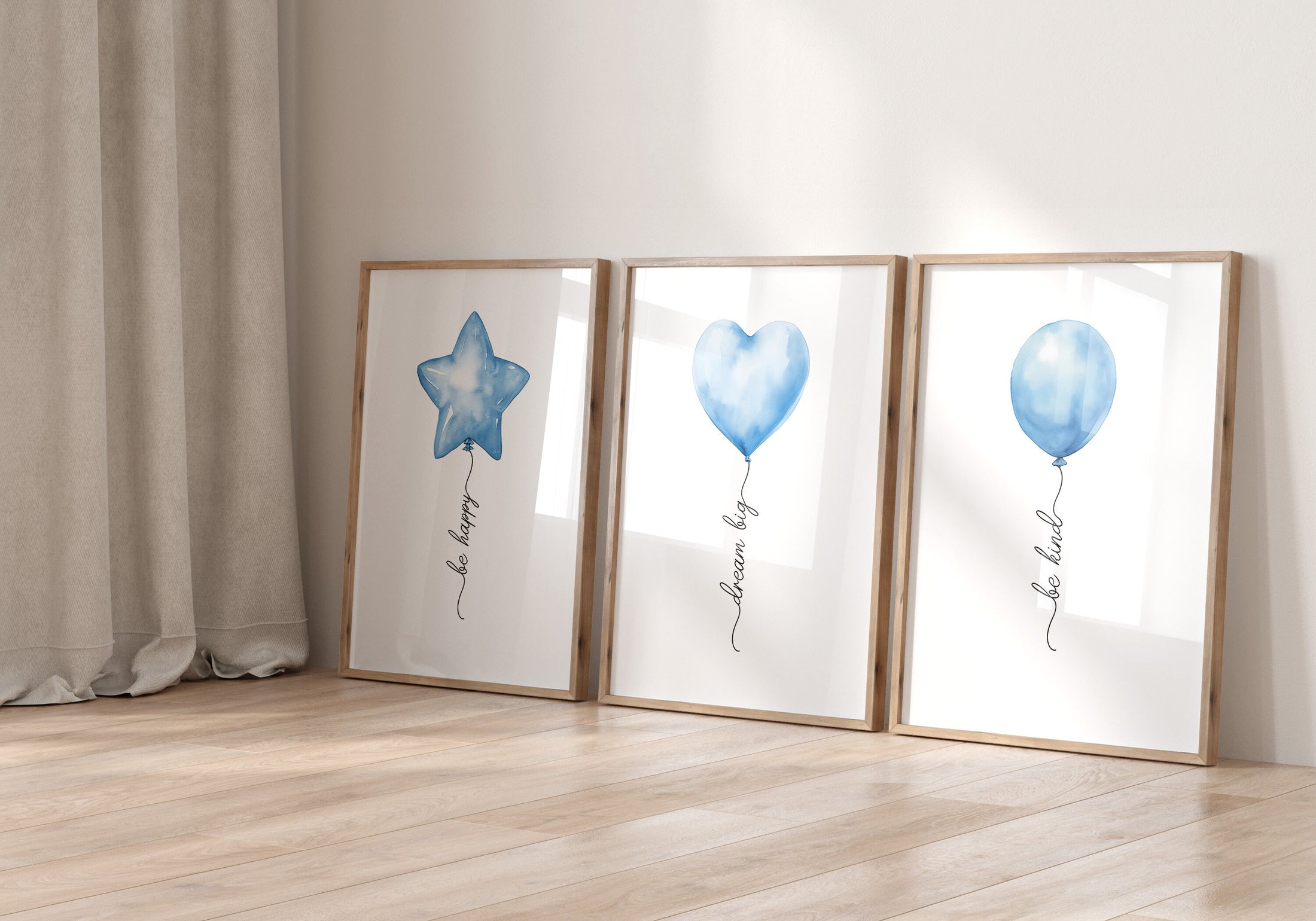 Set of 3 Blue Nursery Wall Prints, Balloons Print For Baby Boys Room, Blue Boys Bedroom Decor, Balloon Art, Toddler Playroom Pictures