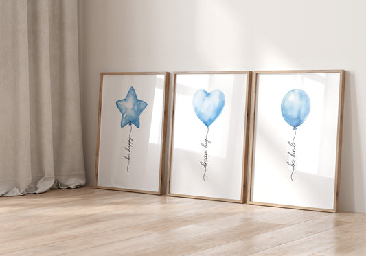 Set of 3 Blue Nursery Wall Prints, Balloons Print For Baby Boys Room, Blue Boys Bedroom Decor, Balloon Art, Toddler Playroom Pictures