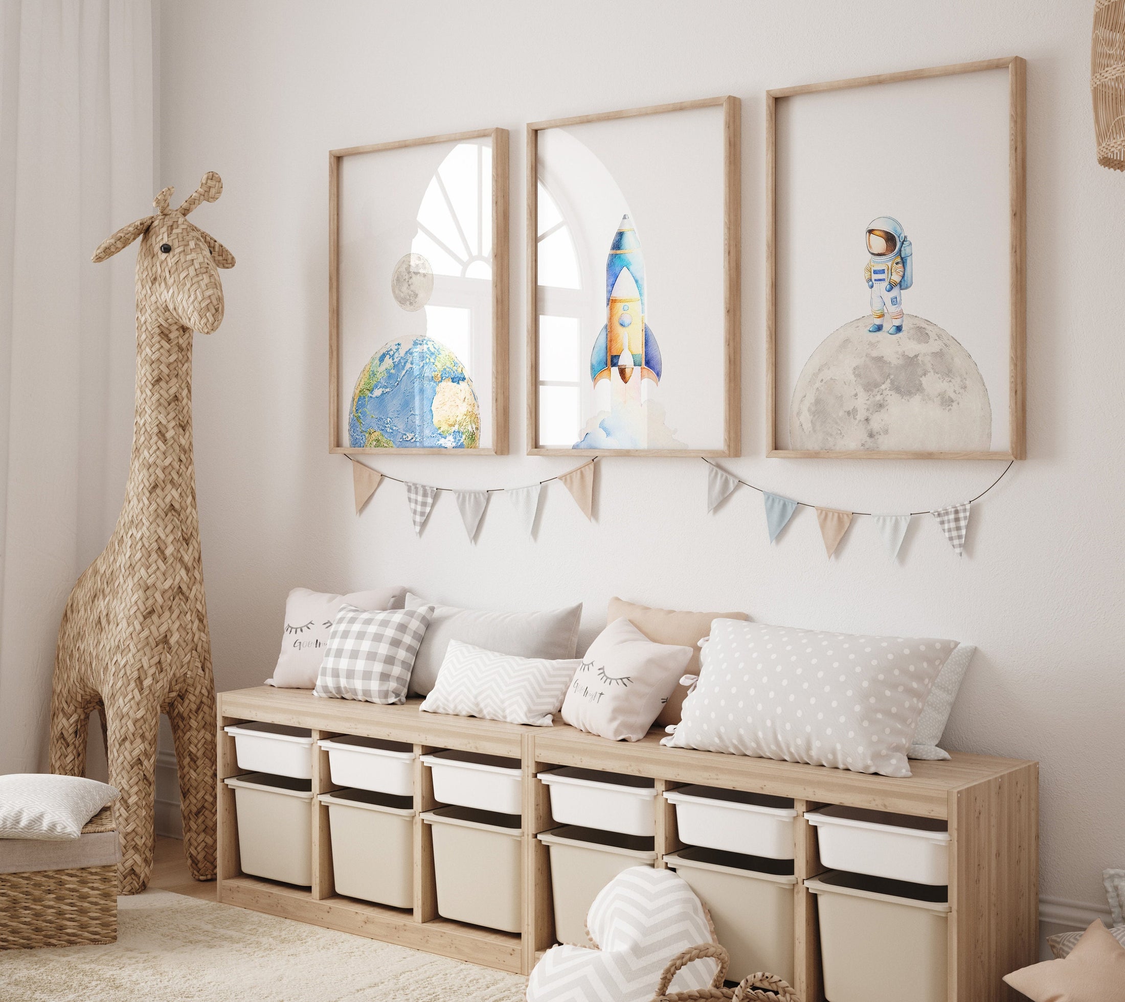 Space Nursery Set of 3 Prints, Astronaut Space-Themed Nursery Wall Art Decor for Boys Nursery, Baby Boy Bedroom, Rocket Ship Moon Wall Art