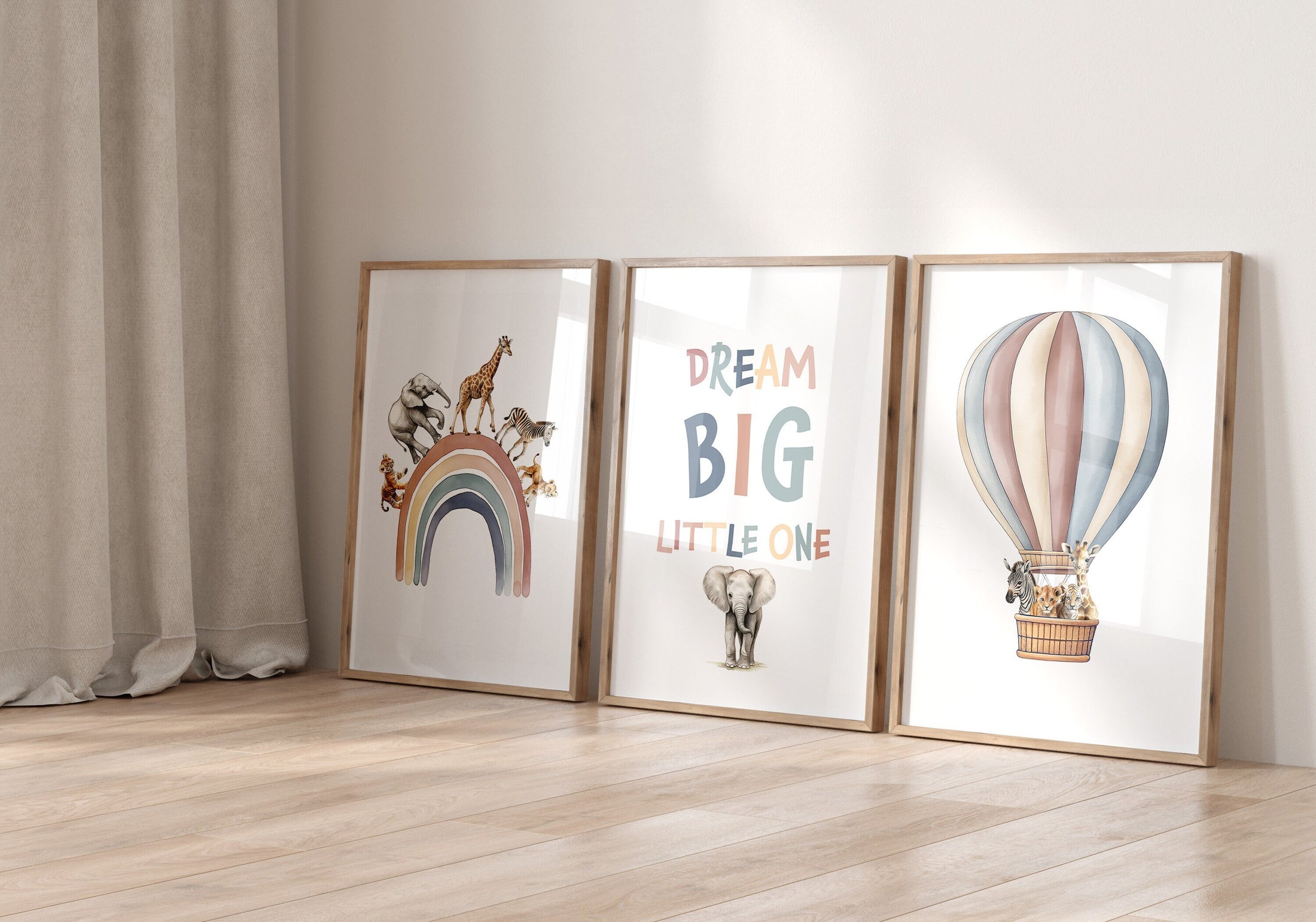 Safari Animal Set of 3 Prints for Nursery, Rainbow Wall Art for Baby Bedroom, Neutral Nursery Decor, Hot Air Balloon, Dream Big Little One