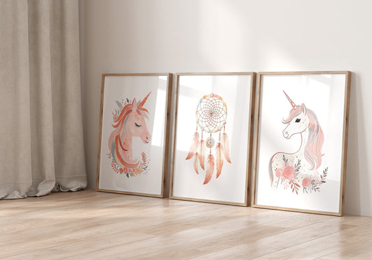 Set of 3 Pink Boho Unicorn Girls Nursery Prints, Dream Catcher Wall Art, Pink Girls Bedroom Decor, Girls Playroom Posters, Girls Room Decor