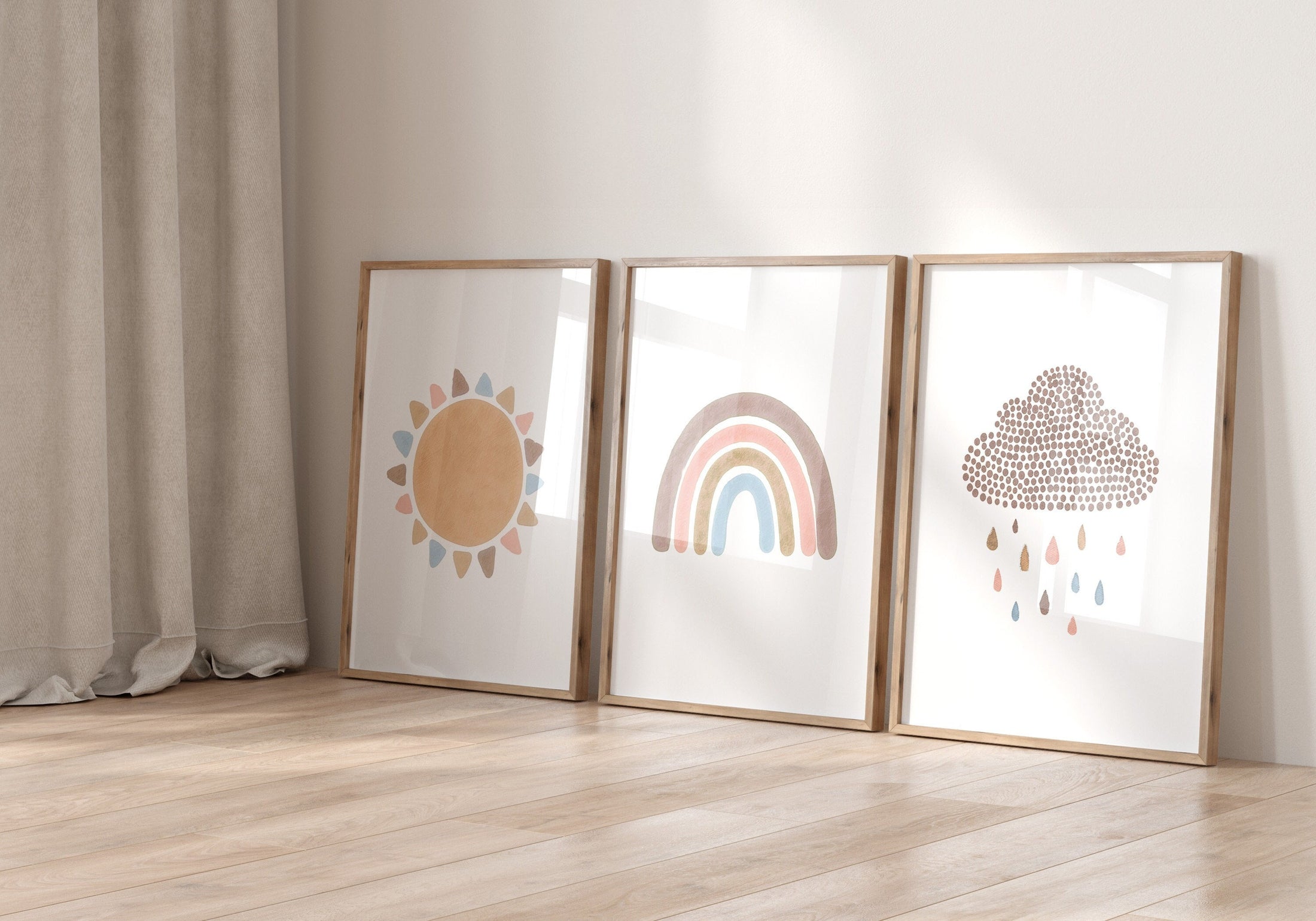 Boho Nursery Prints, Set Of 3 Rainbow Nursery Prints, Sunshine Nursery Prints, Cloud Nursery Wall Art For Baby Girls Bedroom, Neutral Decor