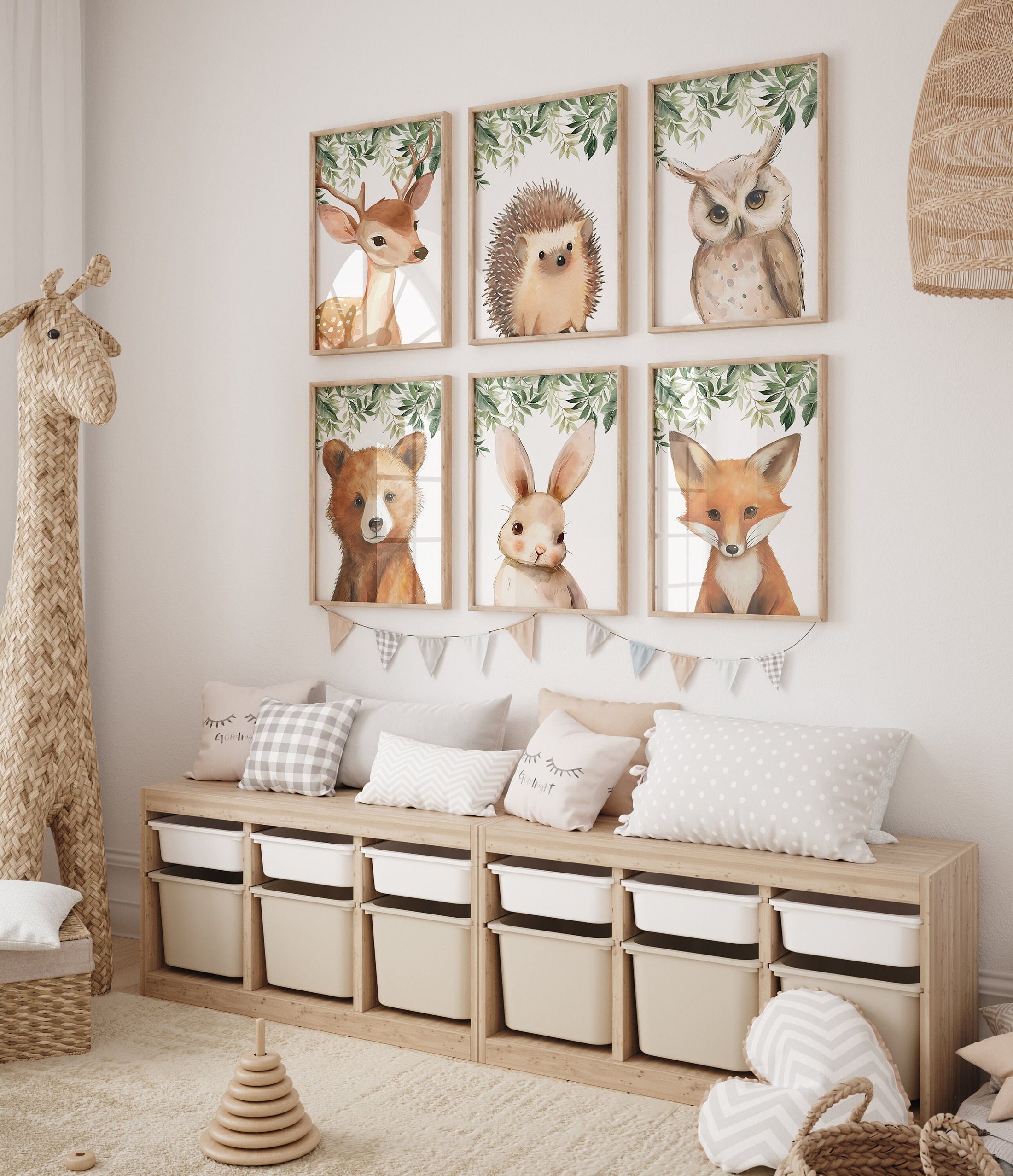 Woodland Animal Nursery Wall Prints, Set of 3 Forest Theme Decor for Babies Bedroom, Neutral Nursery Animal Wall Art, Boho Playroom Posters