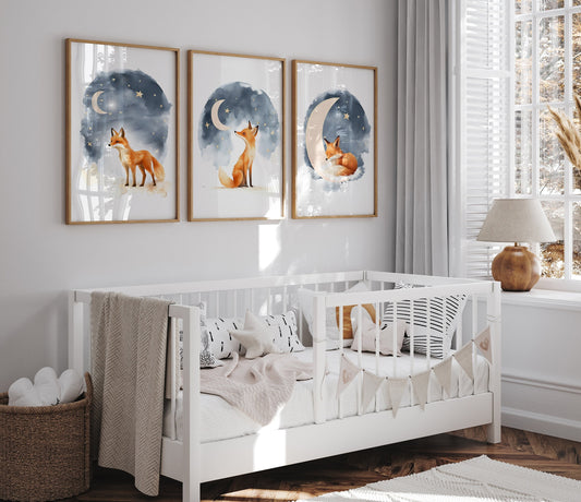 Night Sky Fox Nursery Prints, Set Of 3 Nursery Prints for Babies Bedroom, Boho Nursery Wall Art, Playroom Decor, Gender Neutral Nursery