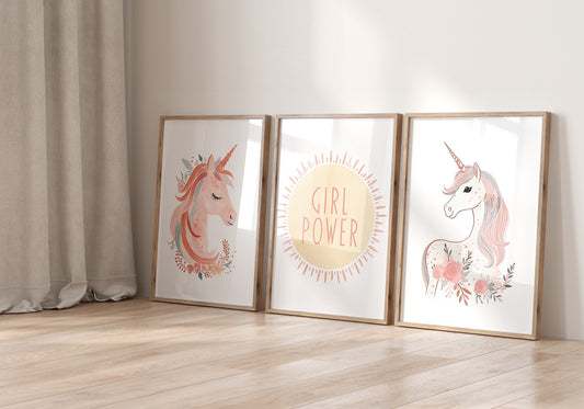 Set of 3 Pink Boho Unicorn Girls Nursery Prints, Girl Power Wall Art, Girls Bedroom Decor, Girls Playroom Posters, Girls Room Decor