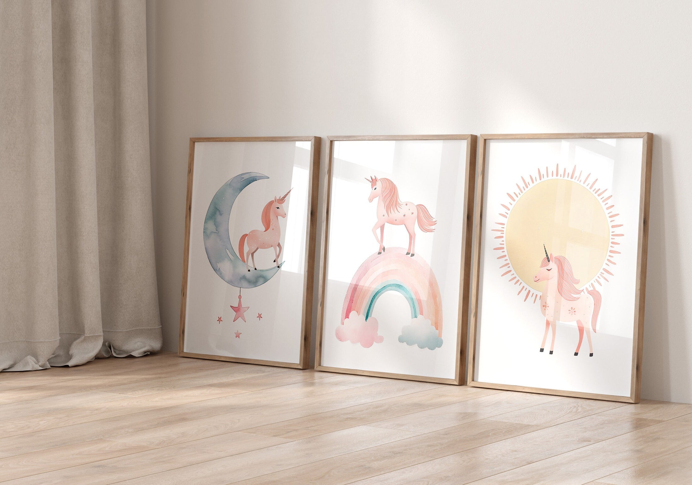 Set of 3 Pink Boho Unicorn Girls Nursery Prints, Rainbow, Sun and Moon Wall Art Prints, Pink Girls Bedroom Decor, Girls Playroom Posters