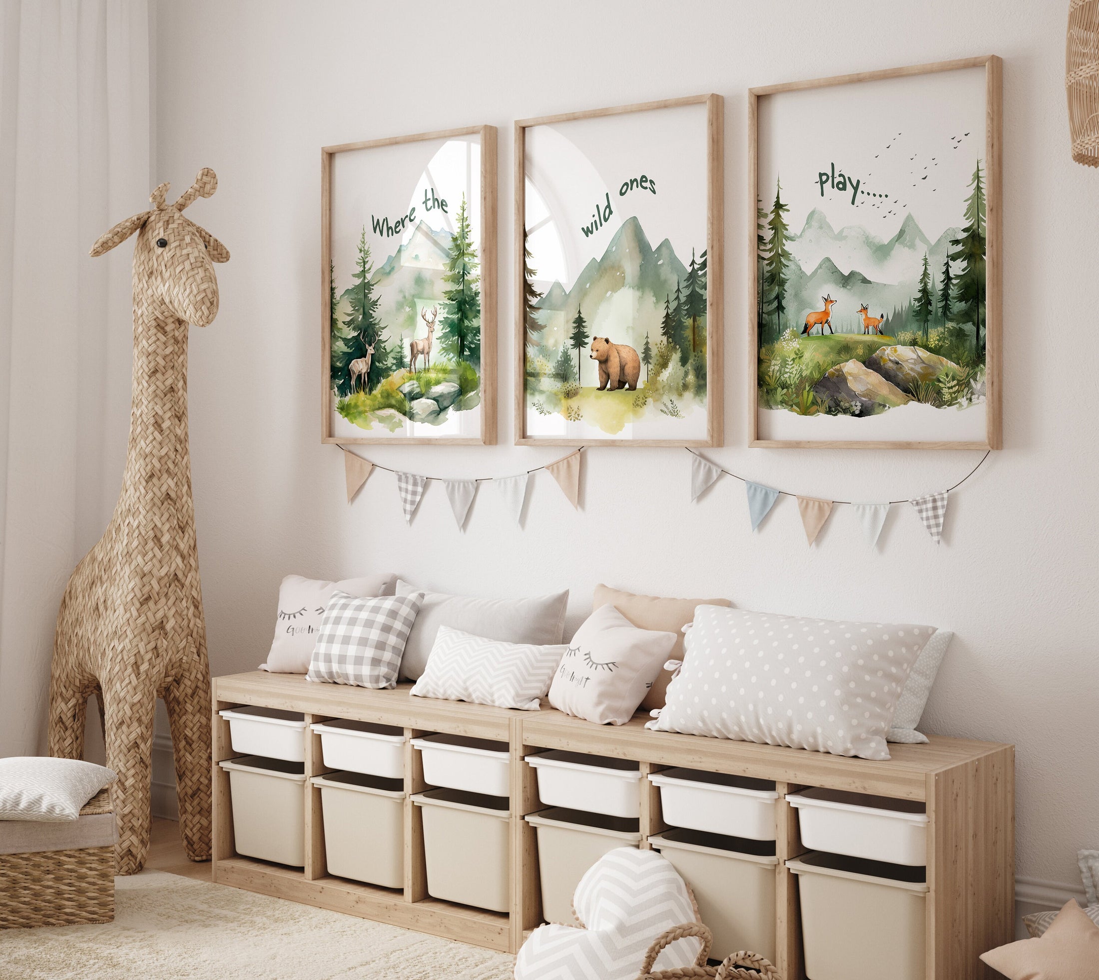 Set Of 3 Mountain Nursery Prints, Forest Decor, Green Bedroom Wall Art, Unisex Adventure Outdoor Playroom Posters, Woodland Animal Pictures