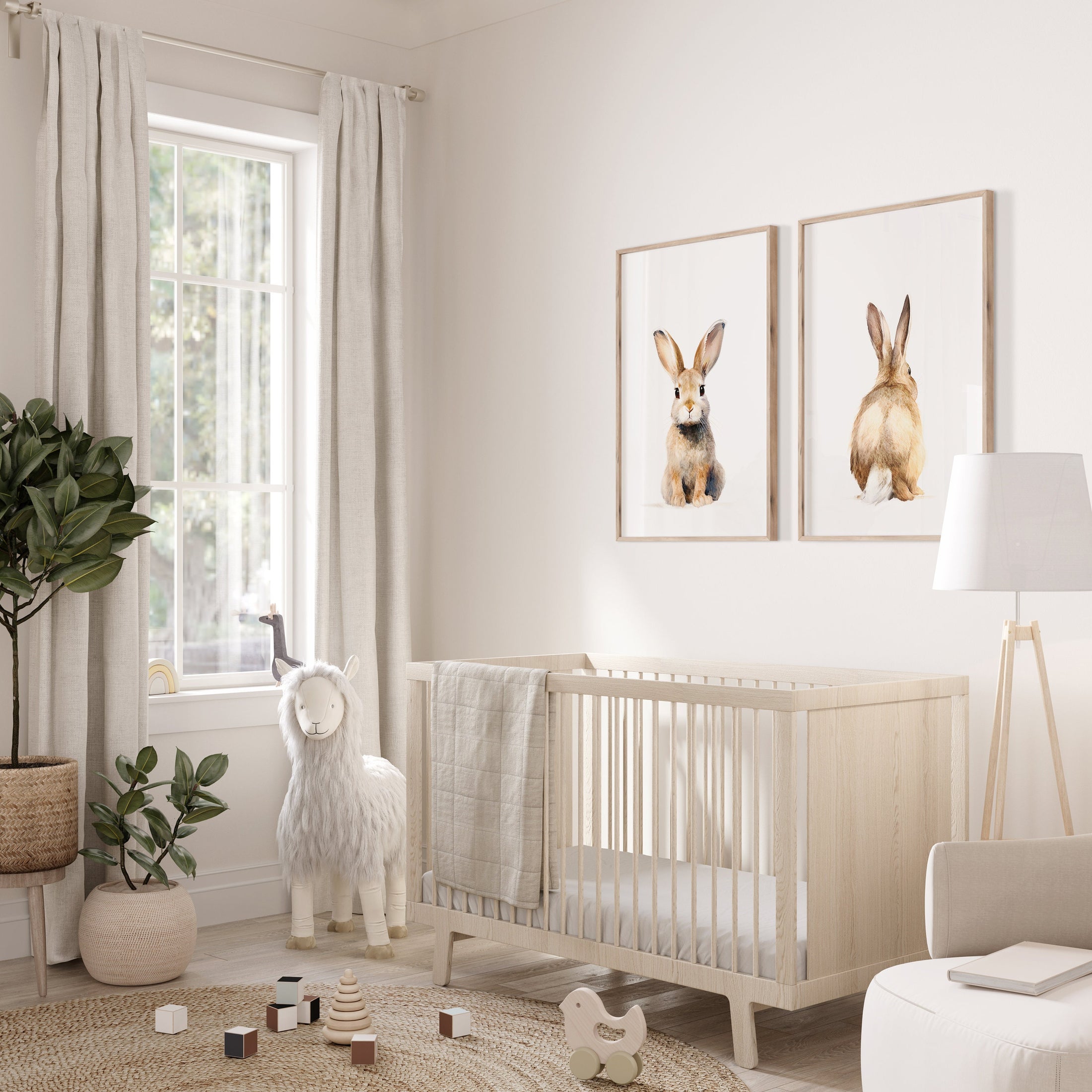 Bunny Prints For Nursery, Set Of 2 Rabbit Nursery Wall Art Prints For Babies Room, Neutral Nursery Decor, Rabbit Nursery Decor Wall Art