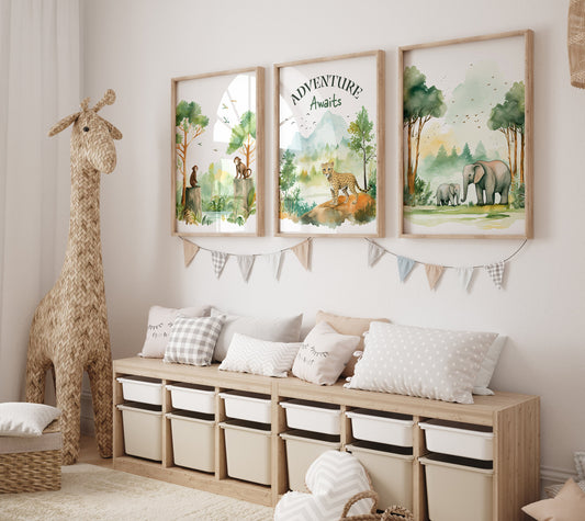 Set Of 3 Jungle Nursery Prints, Forest Decor, Green Bedroom Wall Art, Unisex Adventure Awaits Playroom Posters, Safari Animal Pictures