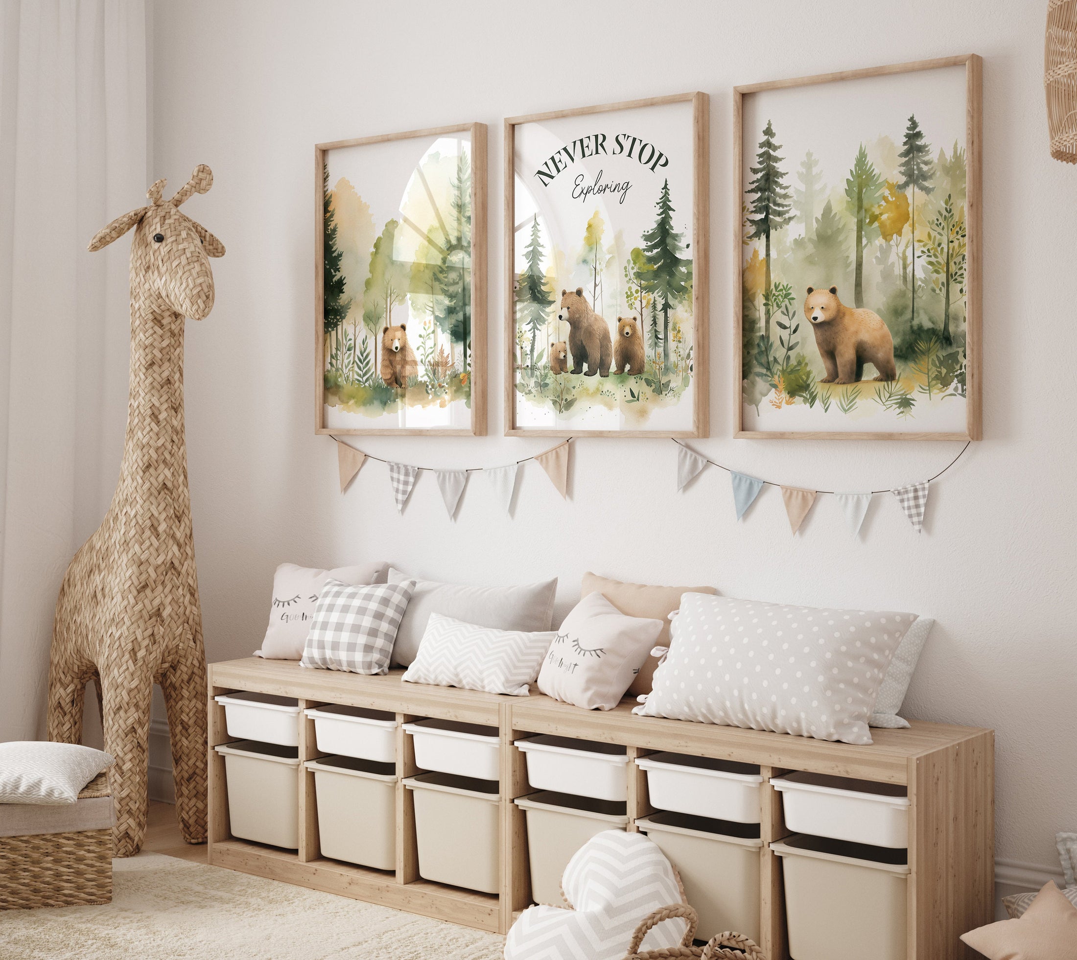 Set Of 3 Bears Nursery Prints, Forest Nursery Decor, Green Bedroom Wall Art, Unisex Adventure Playroom Posters, Woodland Animal Pictures