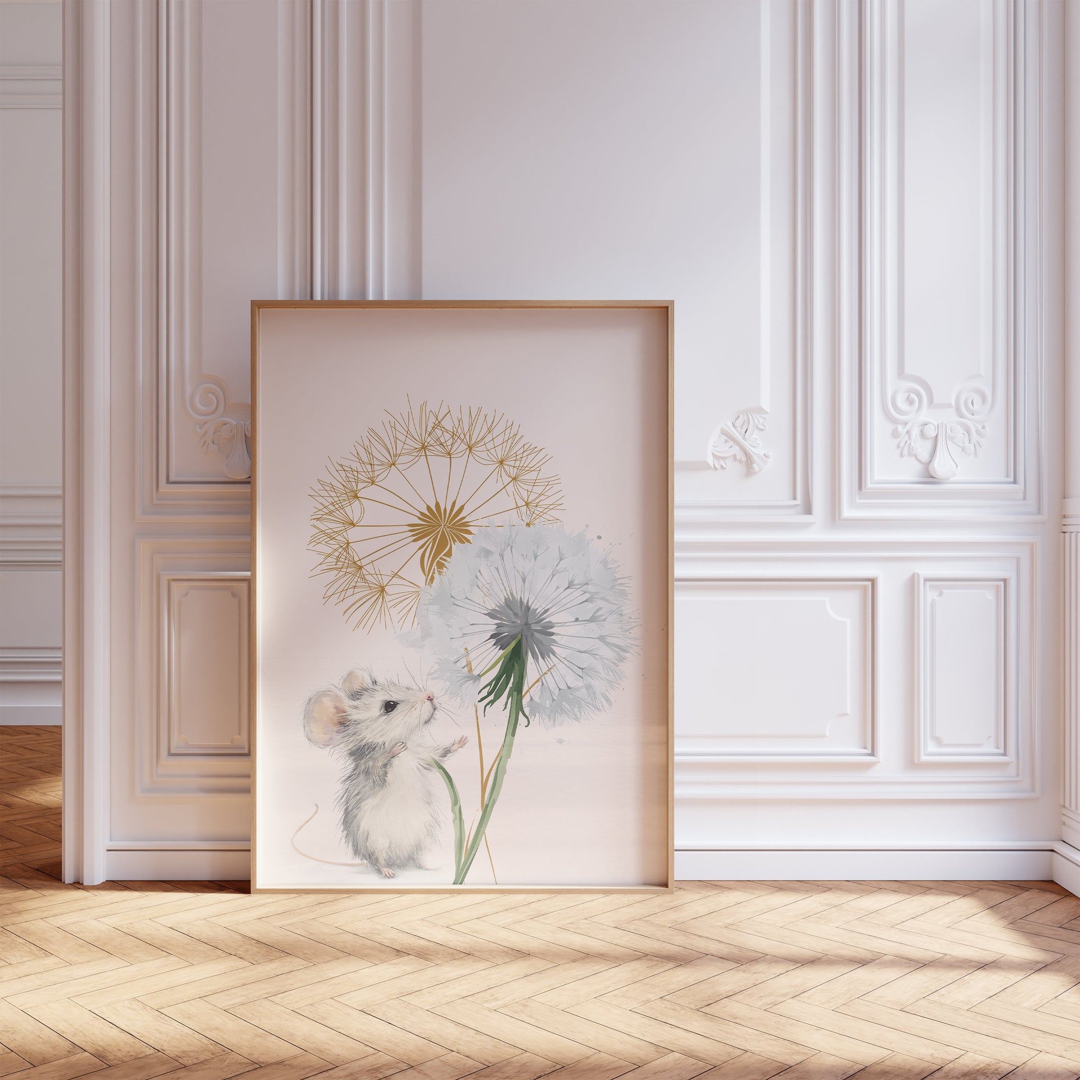 Set of 3 Dandelion Wall Art, Mice Nursery Prints, Gender Neutral Bedroom Decor, Boys Playroom Poster, Farmhouse Room Decor, Boho Girls Room