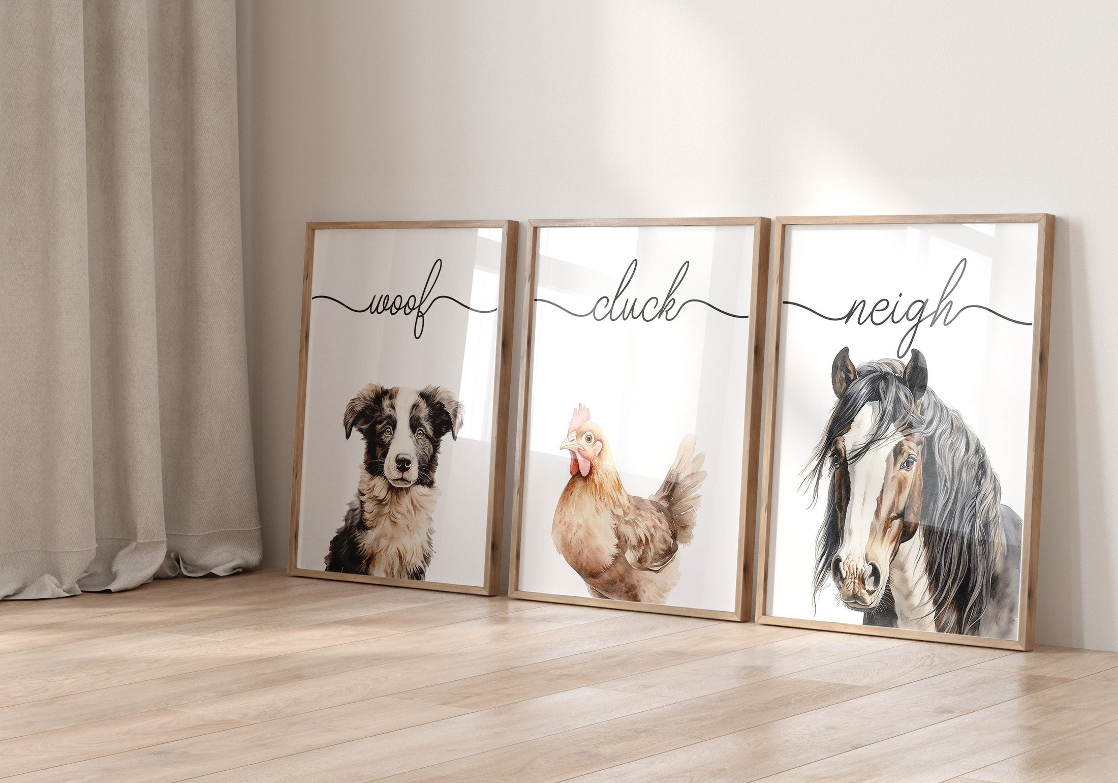 three framed pictures of dogs and horses on a wall