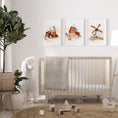 Load image into Gallery viewer, a baby's room with a crib, rocking horse, and three paintings
