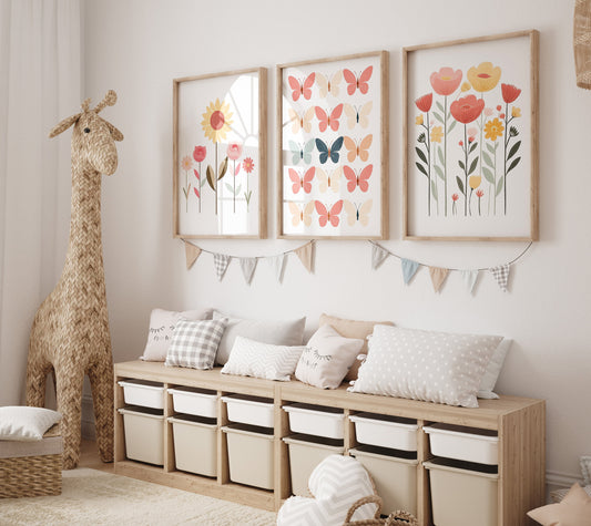 Butterflies and Flowers Set Of 3 Nursery Wall Art For Baby Girls Room, Girls Bedroom Prints, Pink Nursery Decor Wall Art, Butterfly Prints