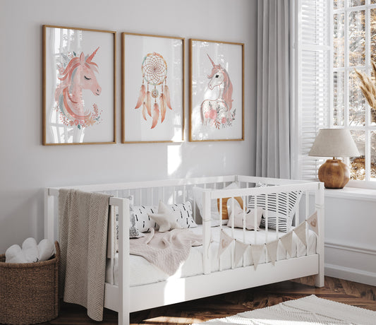 Set of 3 Pink Boho Unicorn Girls Nursery Prints, Dream Catcher Wall Art, Pink Girls Bedroom Decor, Girls Playroom Posters, Girls Room Decor