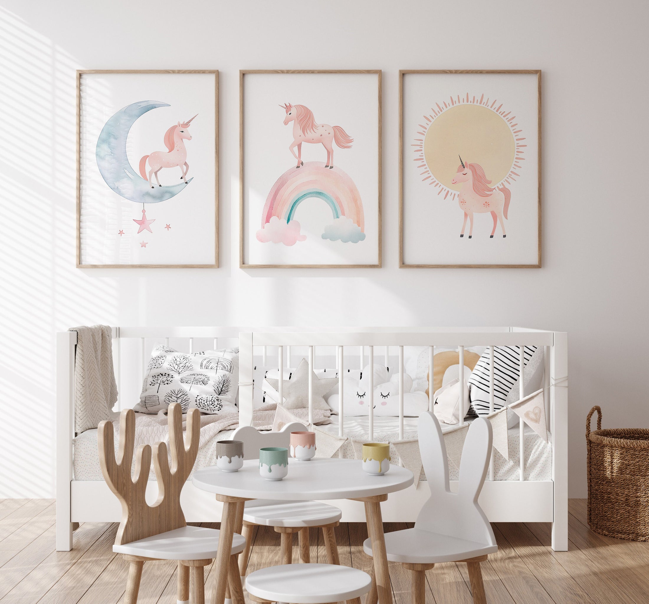 a baby&#39;s room with a crib, rocking chair, table, and