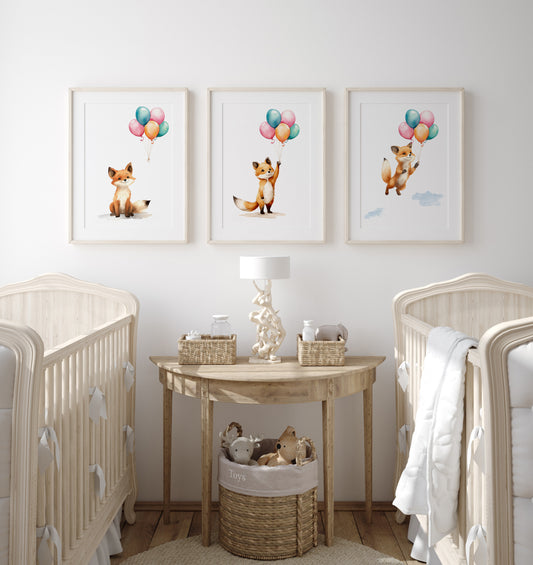 Set of 3 Nursery Wall Prints, Fox & Balloons Print For Babies Bedroom, Gender Neutral Nursery, Animal Art, Unisex Toddler Playroom Pictures