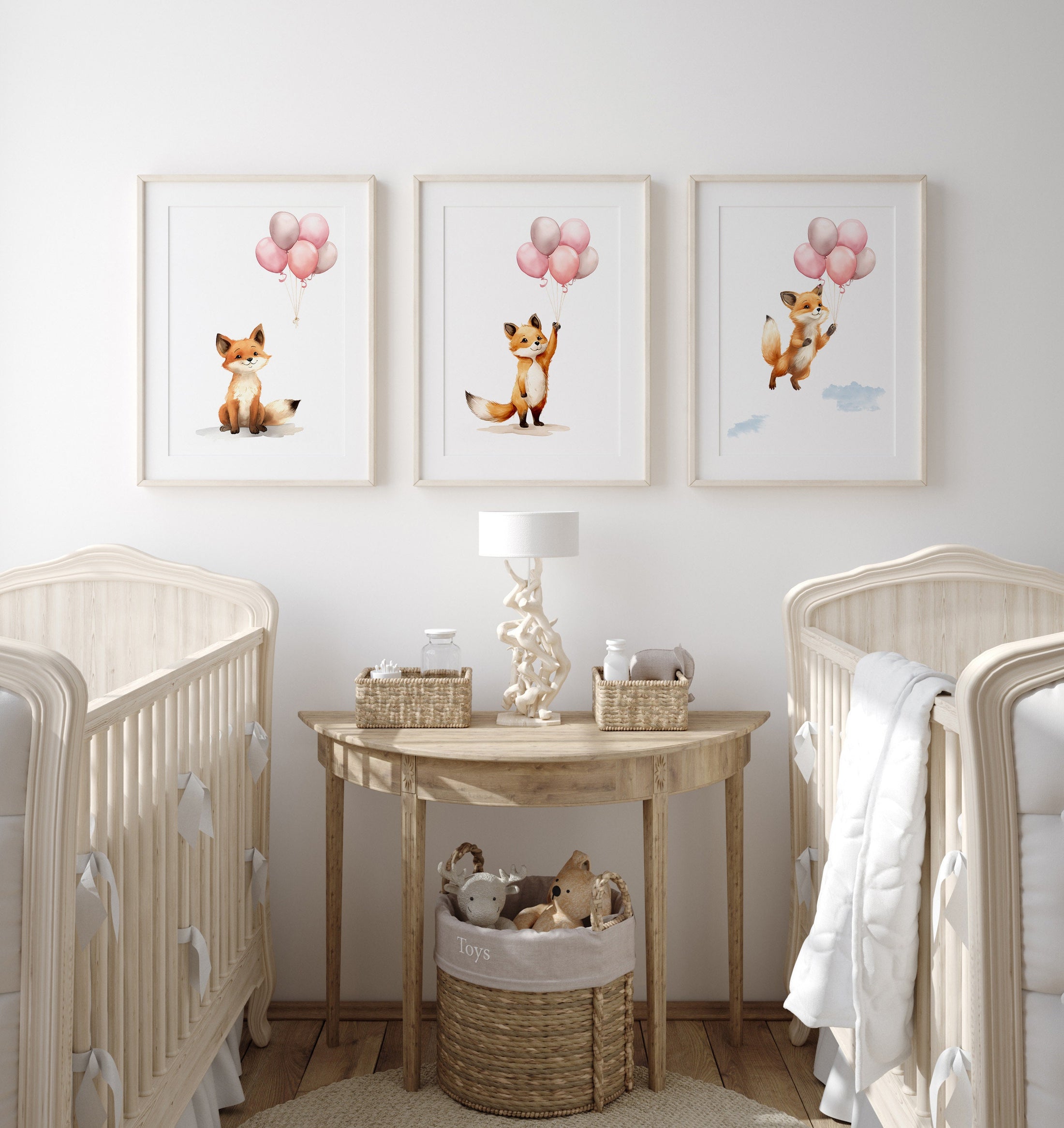 Set of 3 Nursery Wall Prints, Fox & Balloons Print For Babies Bedroom, Baby Girl Neutral Nursery, Animal Art, Toddler Girl Playroom Pictures