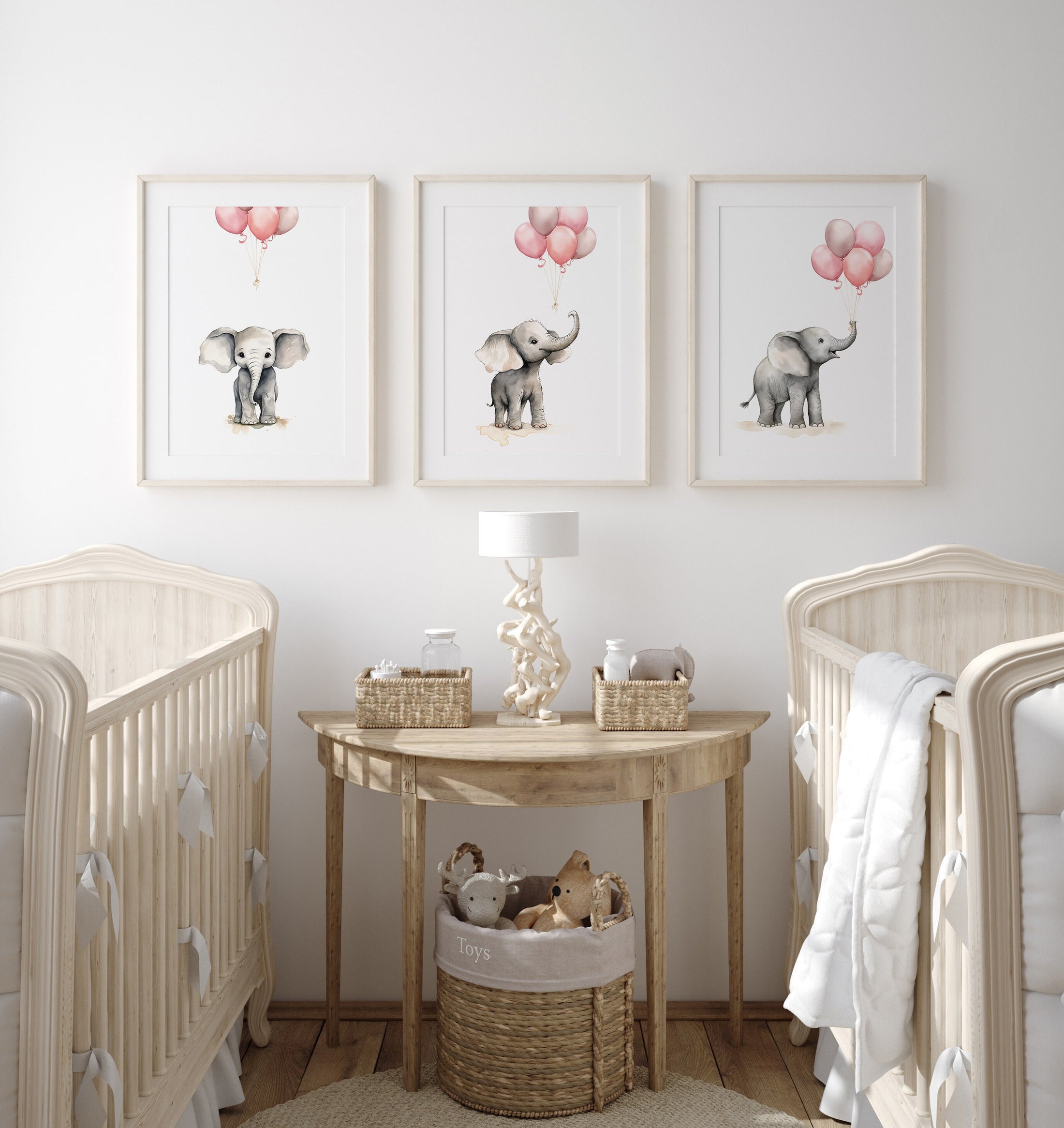 Set of 3 Nursery Wall Prints, Elephant Theme Decor For Baby Girls Bedroom, Pink Nursery Decor, Playroom Pictures, Pink Balloon Wall Art