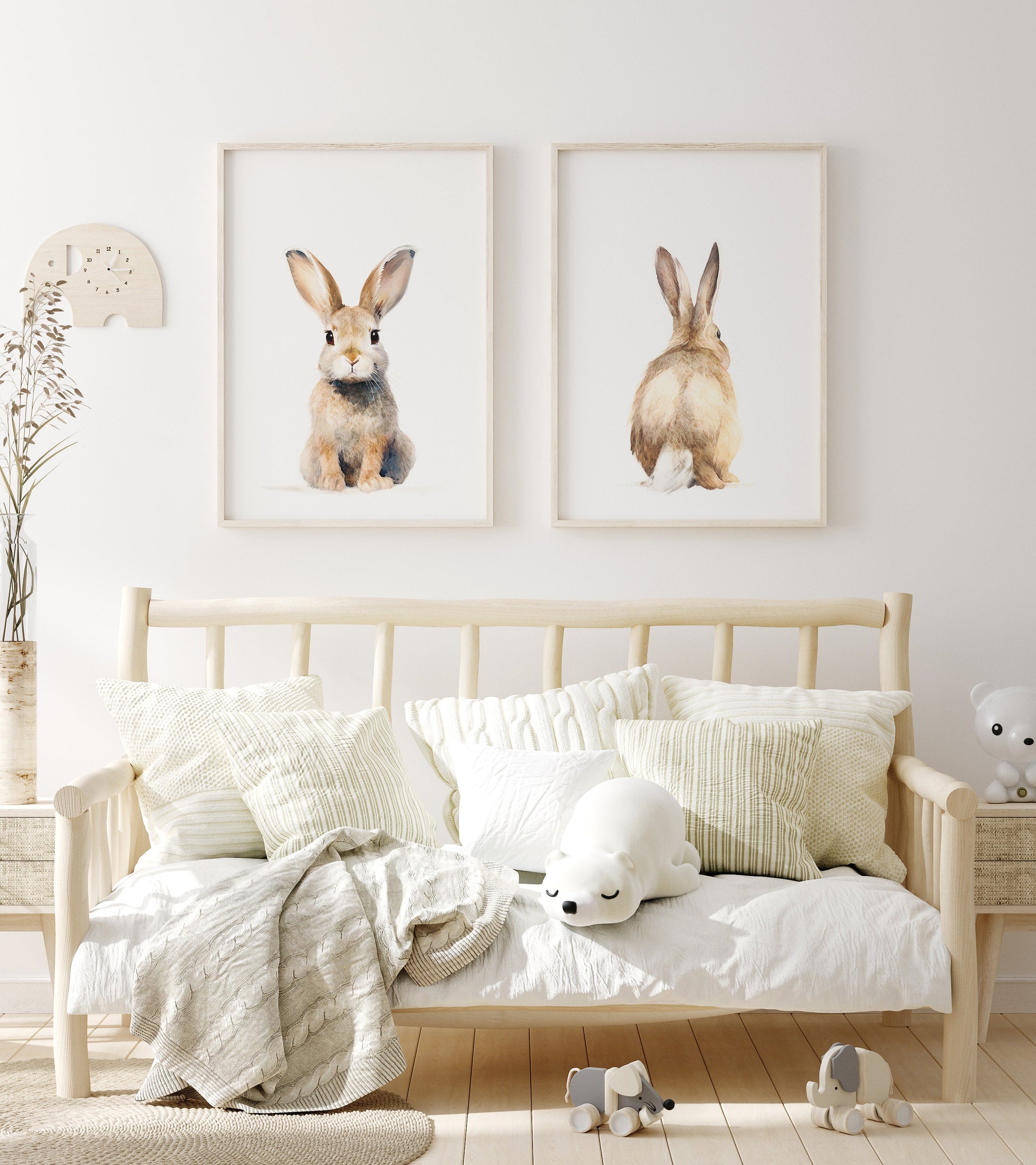 Bunny Prints For Nursery, Set Of 2 Rabbit Nursery Wall Art Prints For Babies Room, Neutral Nursery Decor, Rabbit Nursery Decor Wall Art