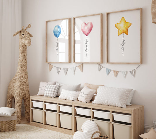 Set of 3 Balloon Nursery Wall Prints, Balloons Print For Babies Room, Gender Neutral Bedroom Wall Decor, Unisex Toddler Playroom Pictures