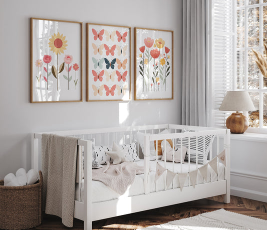 Butterflies and Flowers Set Of 3 Nursery Wall Art For Baby Girls Room, Girls Bedroom Prints, Pink Nursery Decor Wall Art, Butterfly Prints