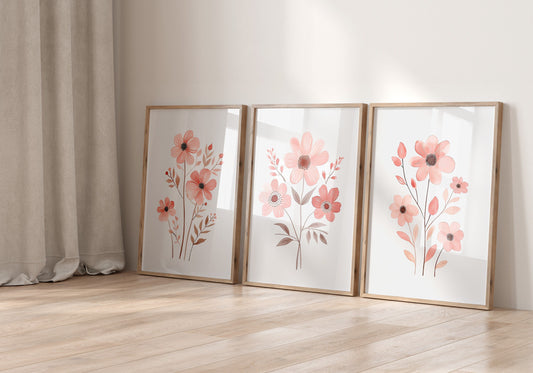 Pink Wildflower Set Of 3 Nursery Wall Art Prints, Floral Wall Art for Baby Girls Room, Botanical Girls Bedroom Prints, Floral Nursery Decor