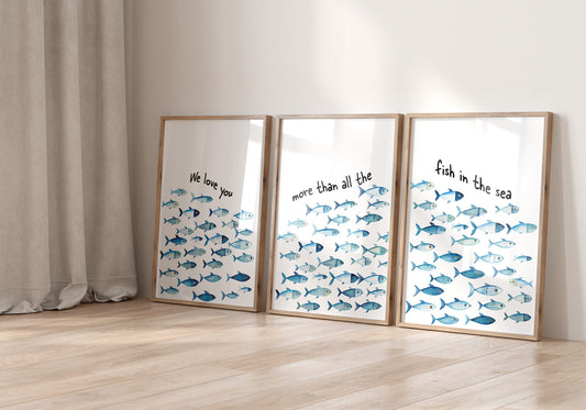 Nautical Nursery Wall Art Set of 3, Ocean Theme Blue Kids Bedroom Prints, Surf Playroom Posters, Coastal Sea Boys Room Decor, Fish Pictures