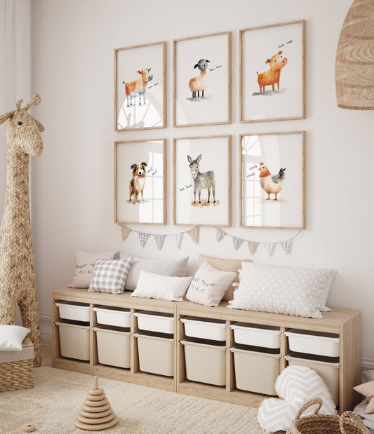 Set of 6 Farm Animal Nursery Prints, Farm Theme Nursery Wall Art Prints For Baby Boys Bedroom, Farmhouse Playroom Posters, Gender Neutral
