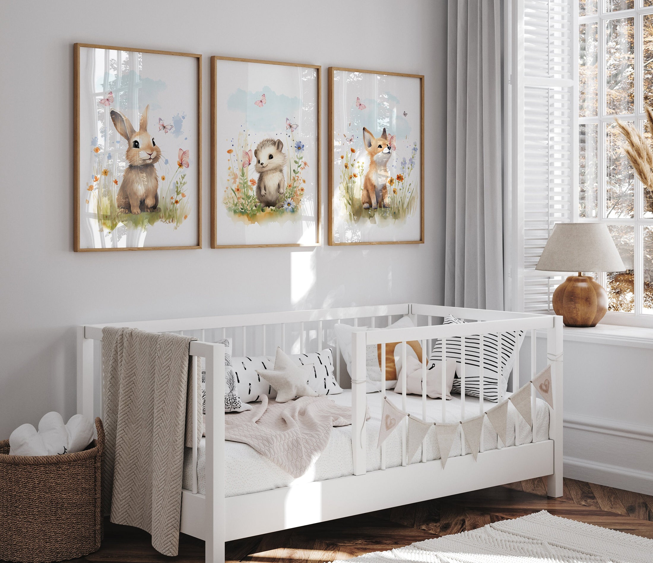 Set of 3 Woodland Animal Nursery Wall Prints, Wildflower Pictures for Babies Bedroom, Unisex Children's Room Decor, Toddler Playroom Posters