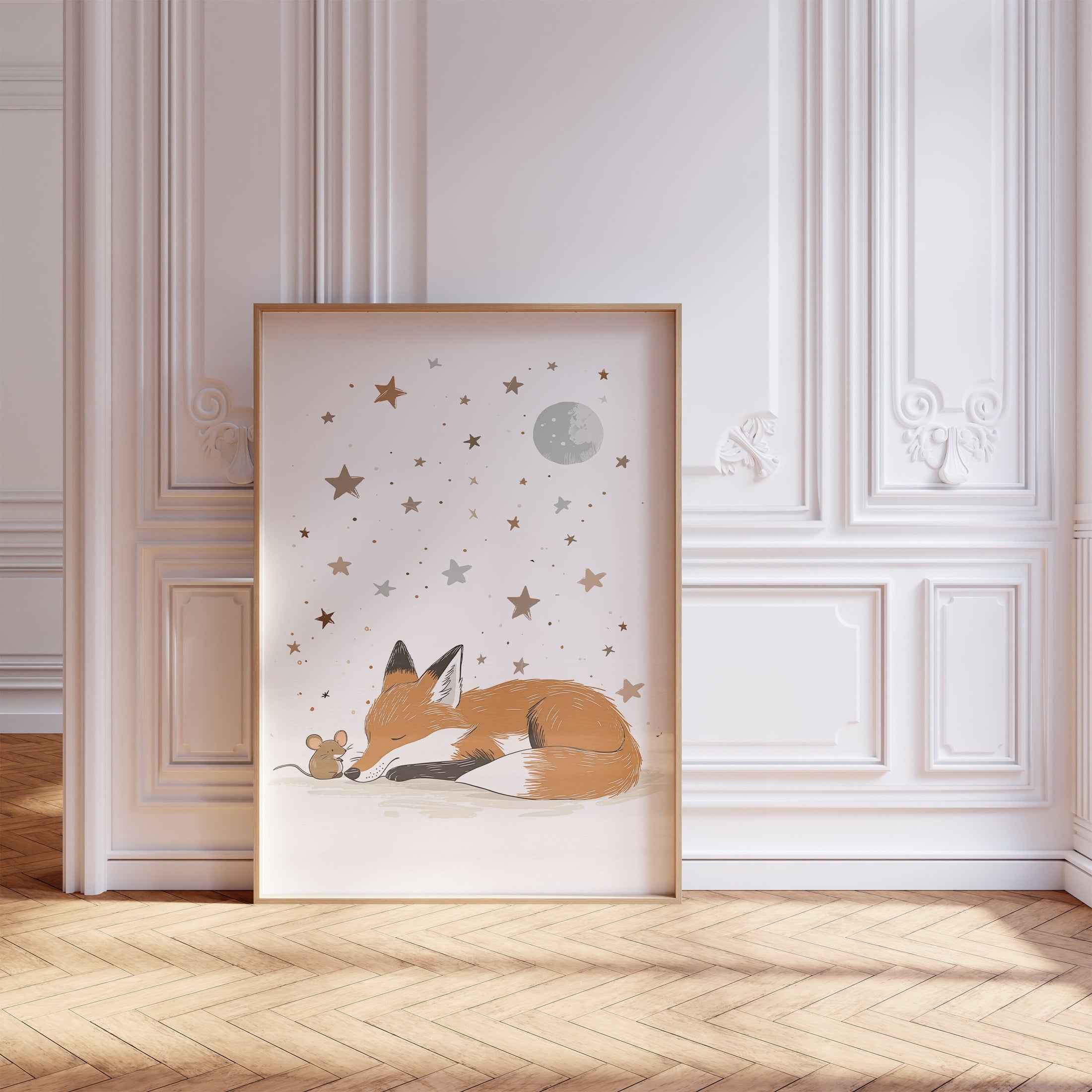 Set of 3 Woodland Animal Nursery Wall Prints, Sleeping Animals for Babies Room, Neutral Prints, Moon & Stars Wall Art, Starry Night Playroom