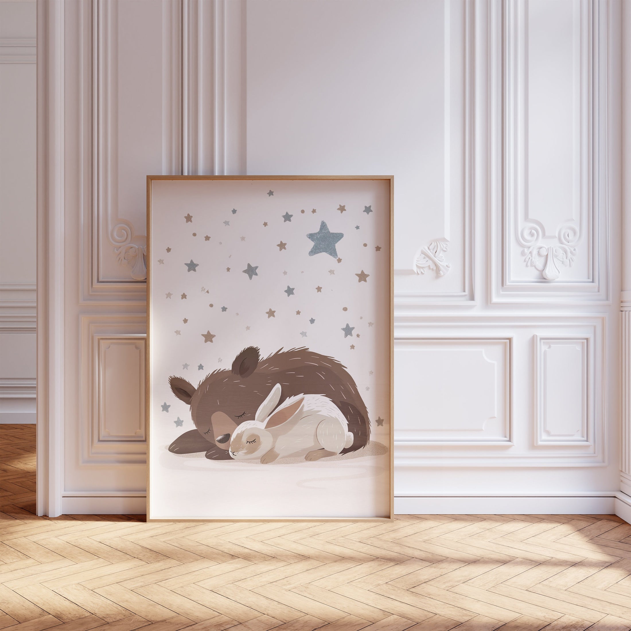 Set of 3 Woodland Animal Nursery Wall Prints, Sleeping Animals for Babies Room, Neutral Prints, Moon & Stars Wall Art, Starry Night Playroom
