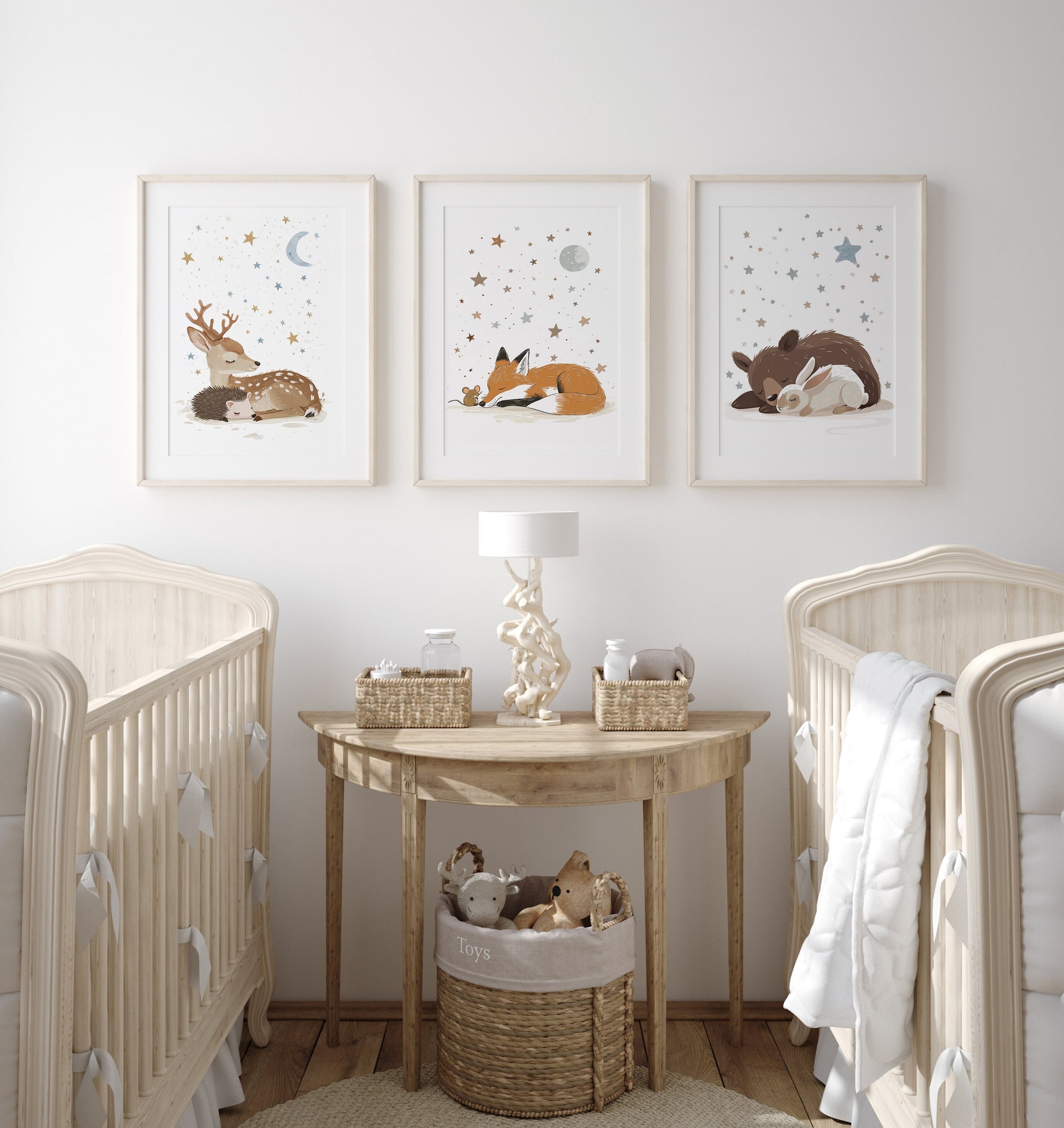 Set of 3 Woodland Animal Nursery Wall Prints, Sleeping Animals for Babies Room, Neutral Prints, Moon & Stars Wall Art, Starry Night Playroom