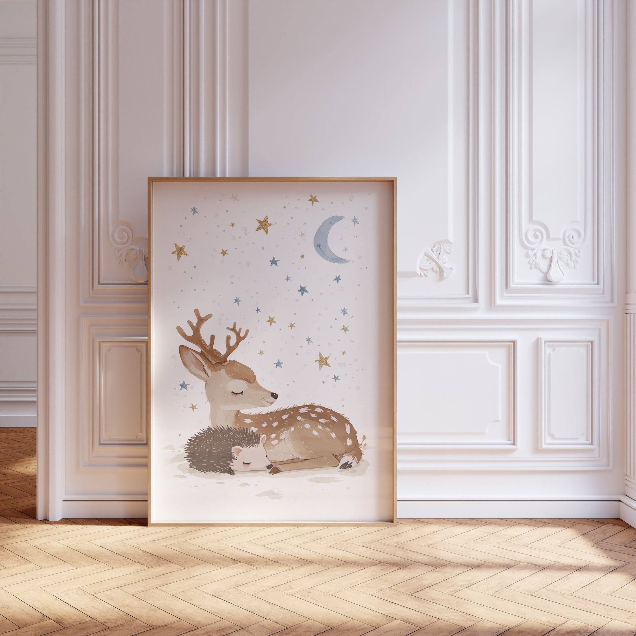 Set of 3 Woodland Animal Nursery Wall Prints, Sleeping Animals for Babies Room, Neutral Prints, Moon & Stars Wall Art, Starry Night Playroom