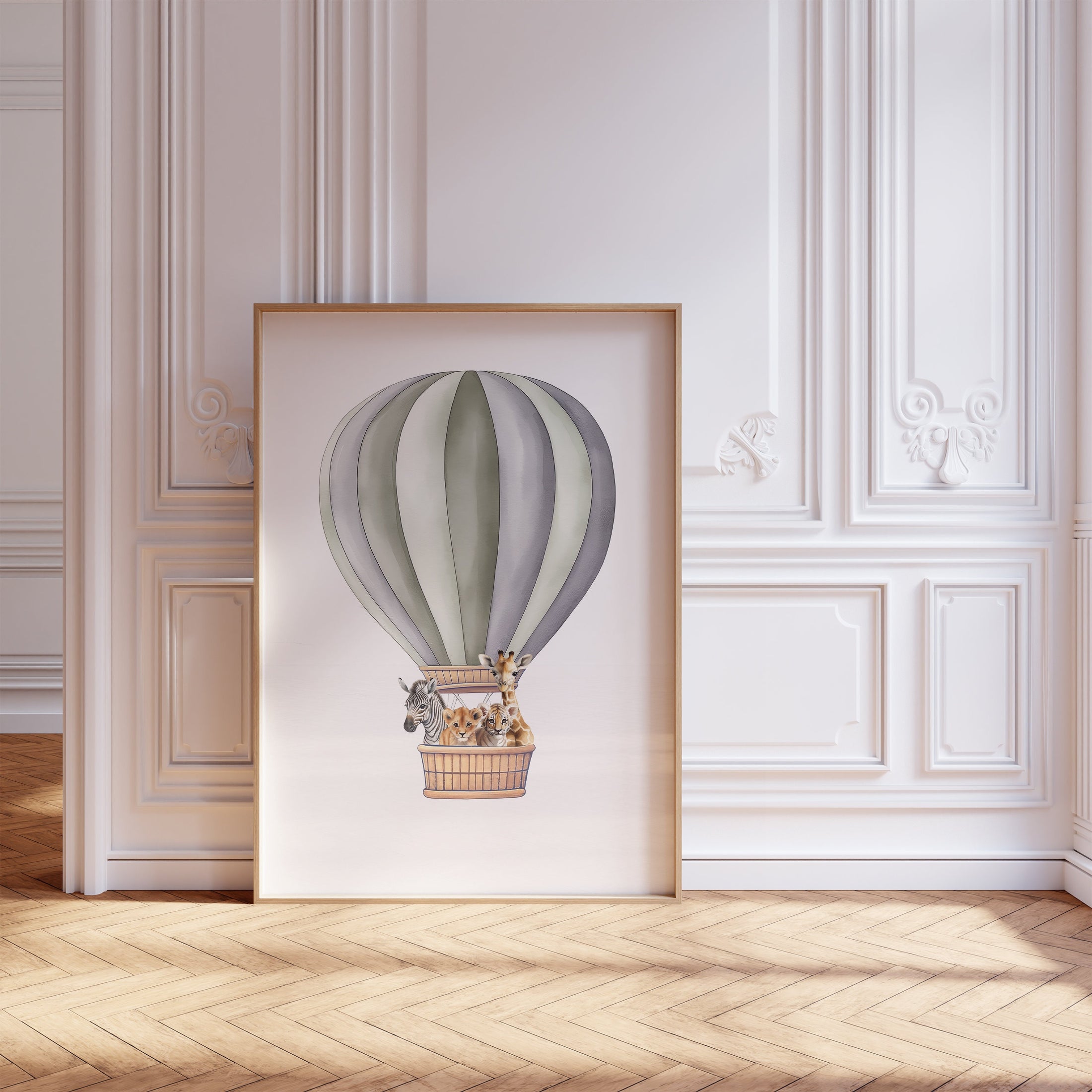 Safari Animal Prints for Nursery, Set of 2 Balloon Wall Art for Babies Room, Green Rainbow Kids Posters, Neutral Nursery Playroom Decor