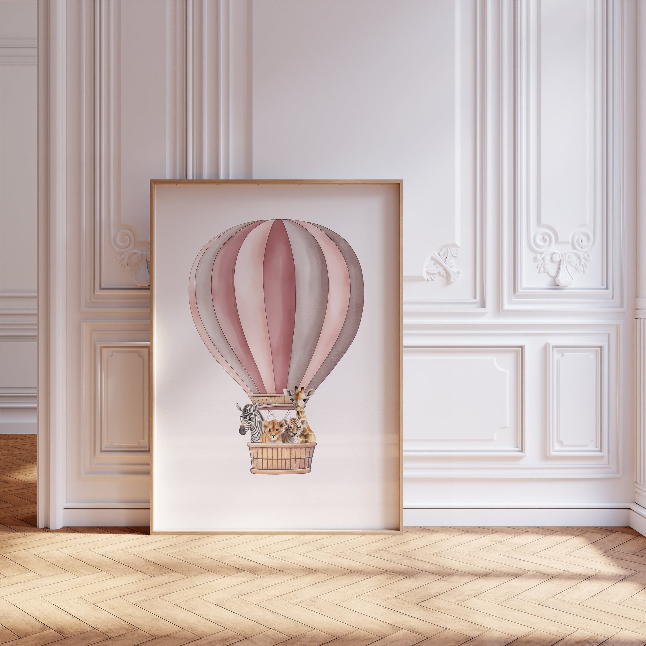 Safari Animal Prints for Nursery, Set of 2 Balloon Wall Art for Baby Girls Room, Pink Rainbow Kids Posters, Neutral Nursery Playroom Decor