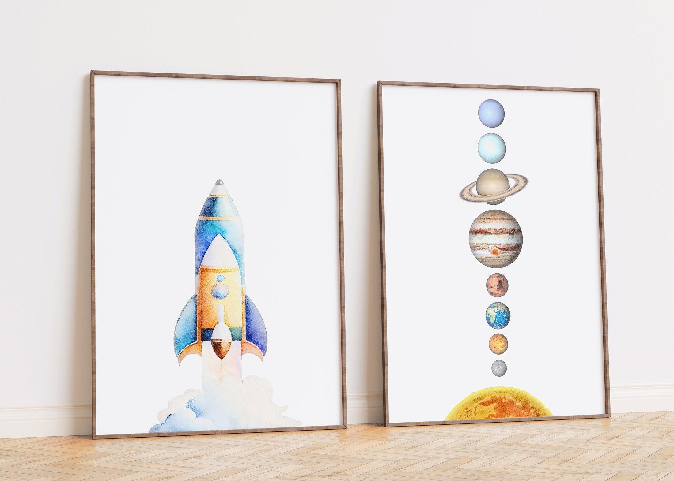 Space Nursery Set of 2 Children's Prints, Solar System Wall Art for Boys Room, Baby Girl Outer Space Bedroom, Rocket Kids Playroom Posters