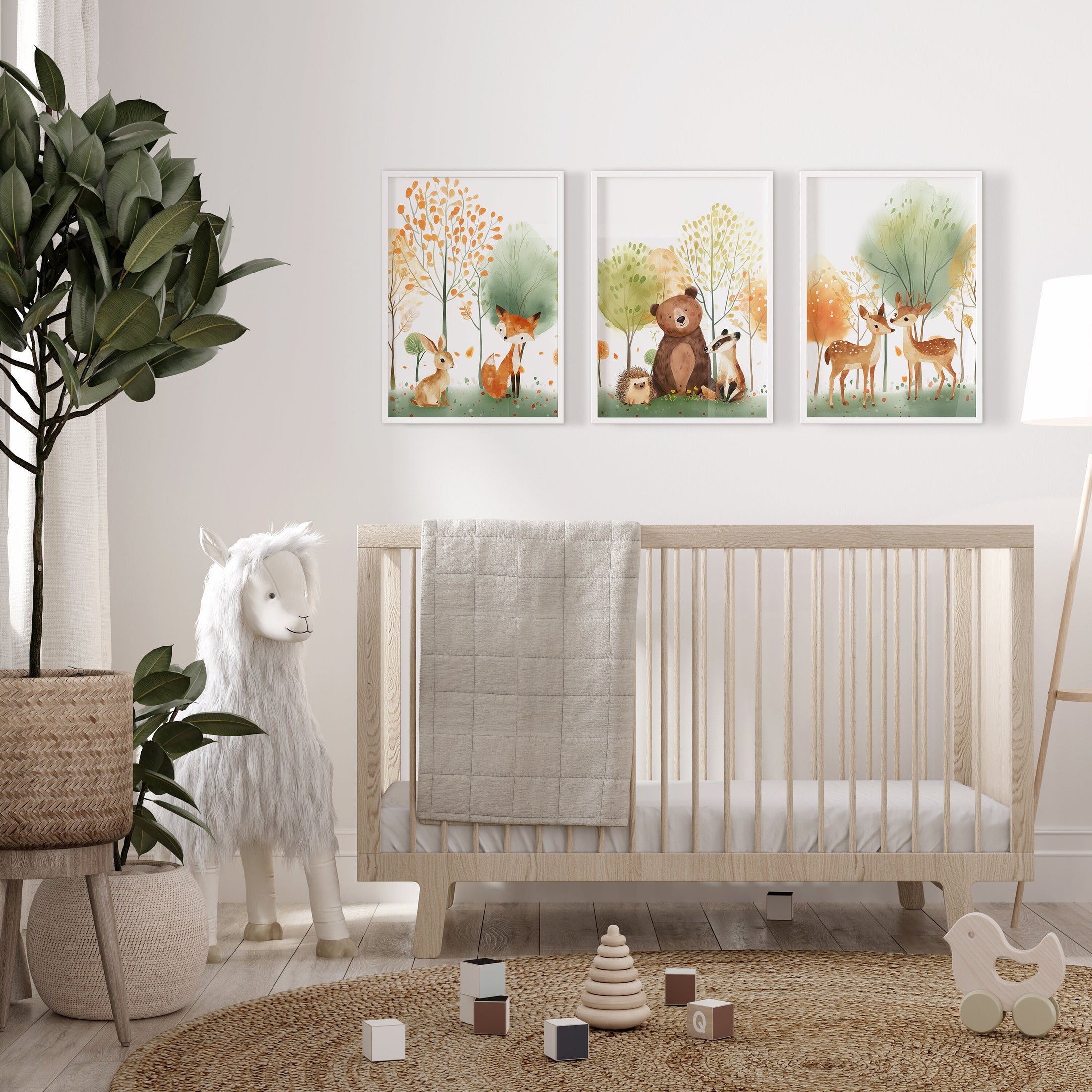Set Of 3 Woodland Animal Nursery Prints, Green Forest Bedroom Decor Wall Art, Unisex Adventure Playroom Posters, Scandi Whimsical Kids Room