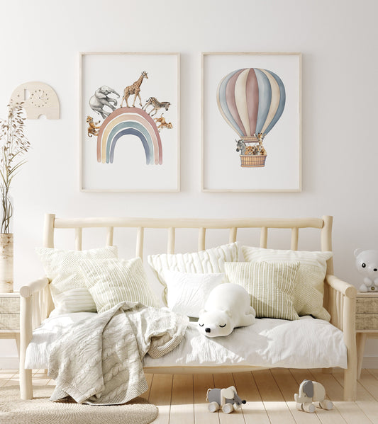 Safari Animal Prints for Nursery, Set of 2 Balloon Wall Art for Babies Room, Neutral Rainbow Kids Posters, Neutral Nursery Playroom Decor
