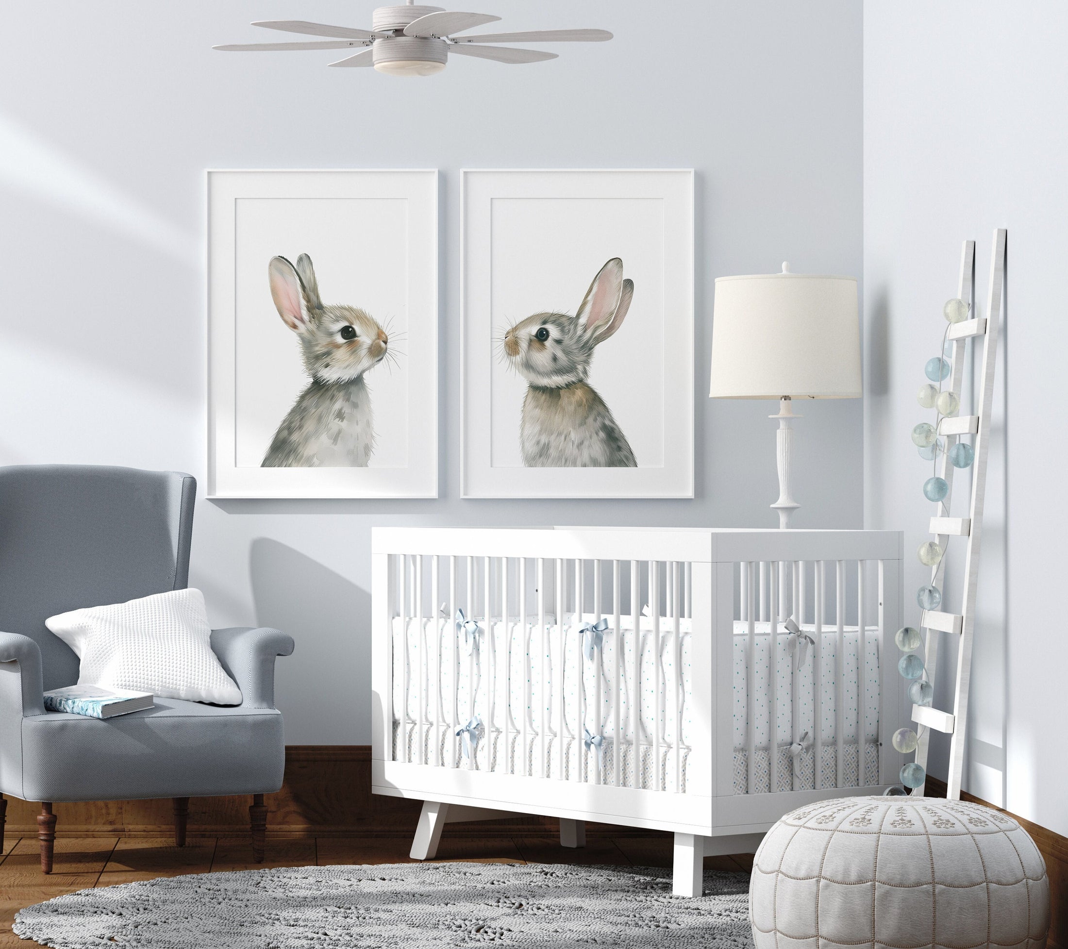 Bunny Prints for Nursery, Set Of 2 Grey Rabbit Wall Art Prints for Babies Bedroom, Gender Neutral Room Decor, Unisex Kids Playroom Decor