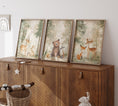 Load image into Gallery viewer, Set of 3 Woodland Animal Nursery Prints, Neutral Beige & Green Kids Bedroom Decor, Unisex Forest Playroom Posters, Scandi Wall Art Pictures
