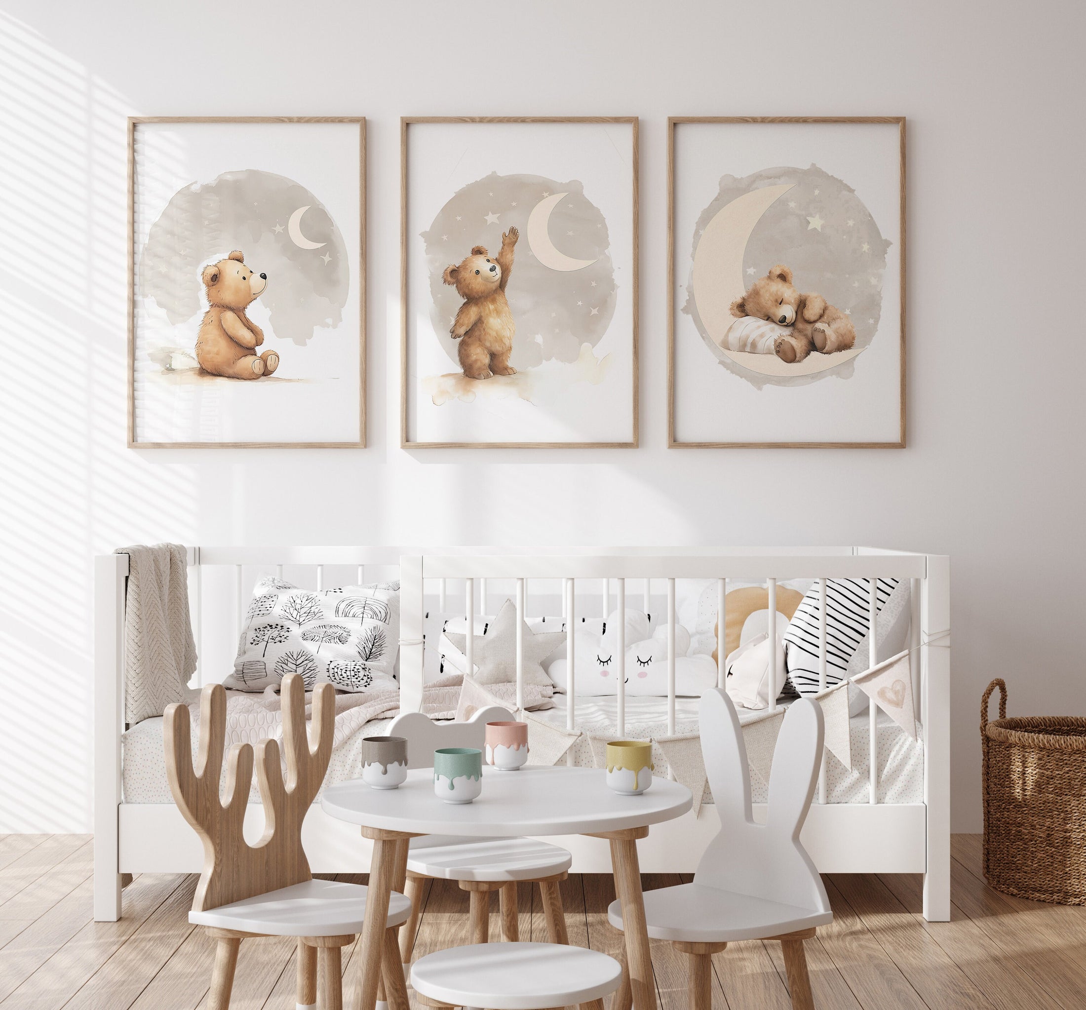 Beige Teddy Bear Nursery Prints, Set Of 3 Nursery Wall Art for Baby Boys Bedroom, Boho Girls Nursery, Playroom Decor, Gender Neutral Nursery